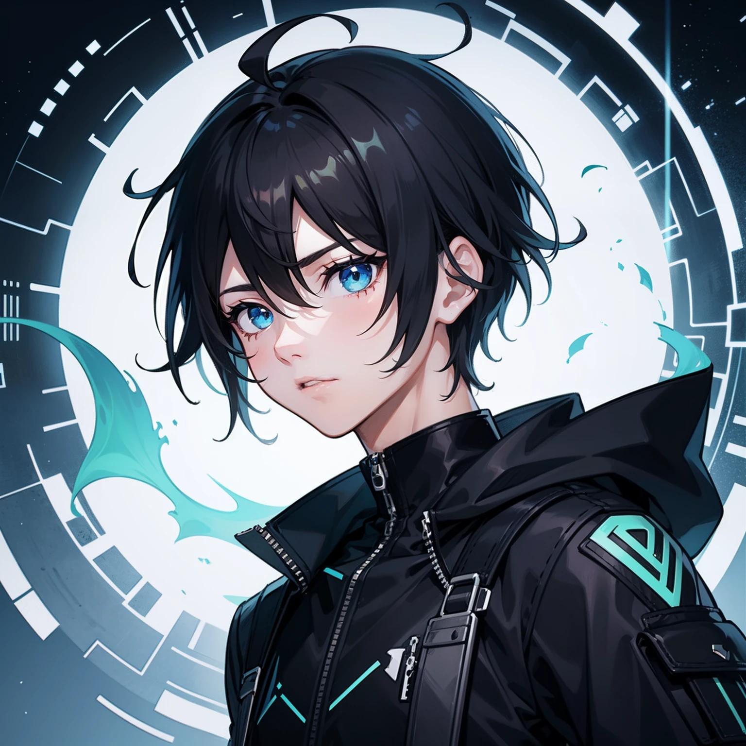 A boy,black color hair,blue color eyes,Handsome,Iterate through elements,Screw on the factory ,Illustration anime style,Dark 4K, hyper HD, Masterpiece
