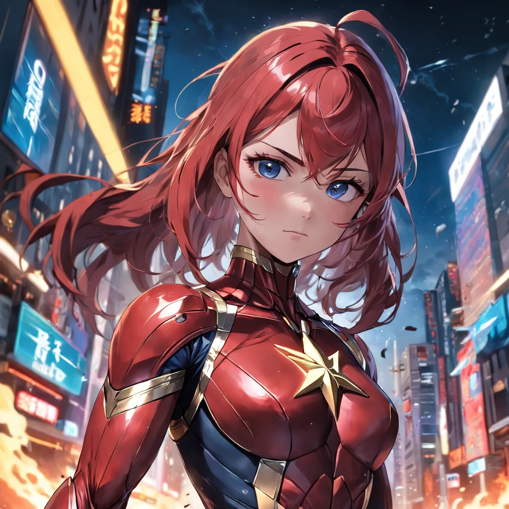 Realistic depiction of an advanced cybersuit, Woman dressed as Flash from DC Comics