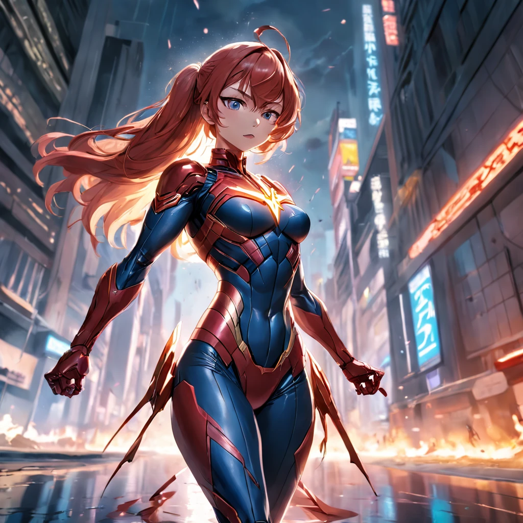 Realistic depiction of an advanced cybersuit, Woman dressed as Flash from DC Comics