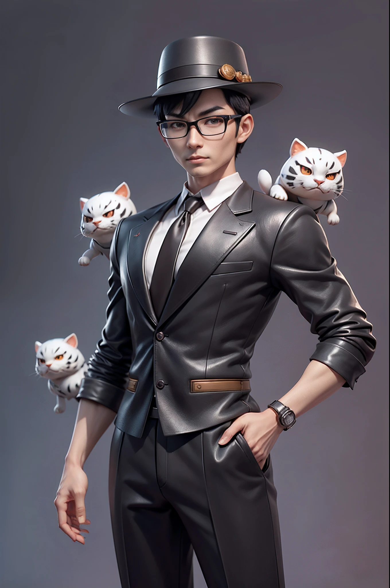 Young man with oriental face in leather hat, tiger, oriental face in formal suit, short black hair, silver glasses, digital painting, 3D character design by Mark Clairedon and Pixar and Hayao Miyazaki and Akira Toriyama, the illustration is a high-definition illustration in 4K resolution with very detailed facial features and cartoon-style visuals.