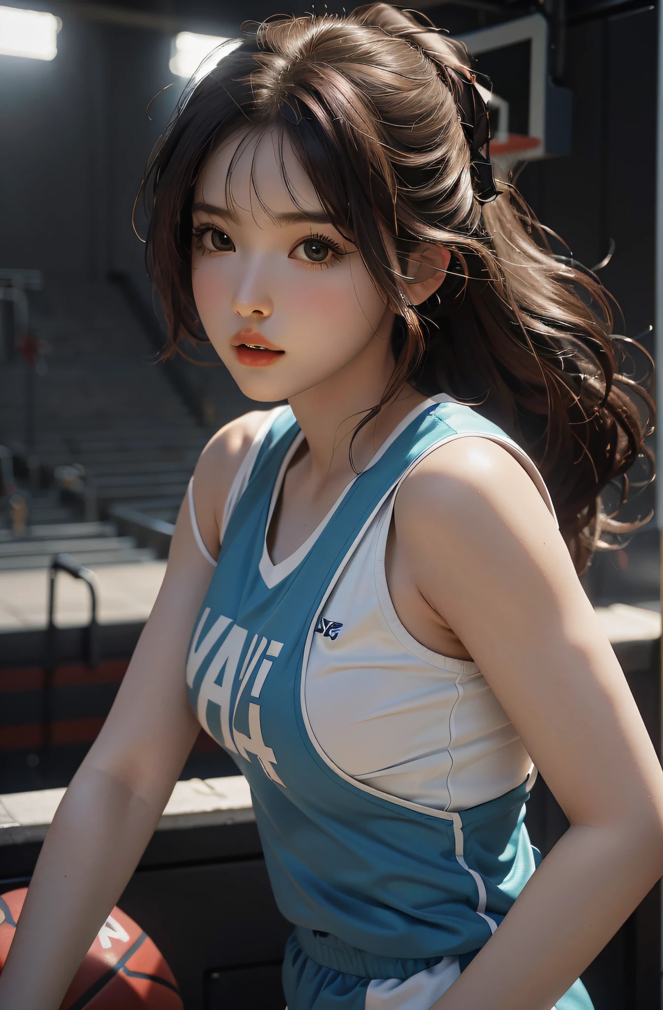 (RAW photo, 4k, masterpiece, high resolution, extremely complex) (realistic: 1.4), cinematic lighting Delicate girl with facial features
1 Girl, Single Focus, Summer Noon, Hot, 1990s\(Style\), White-skinned, big-breasted, cleavage, (best quality), (highres), (an extremely delicate and beautiful),,(Beautiful 8k face),(brown eyes),(ulzzang-6500:1.0),(solo),( looking side),(spectators),(large breasts),(NBA),bent over,,lookside,(side), ,(Basketball sportswear),((Play basketball)),((gymnasium)),((speed)),(reality),