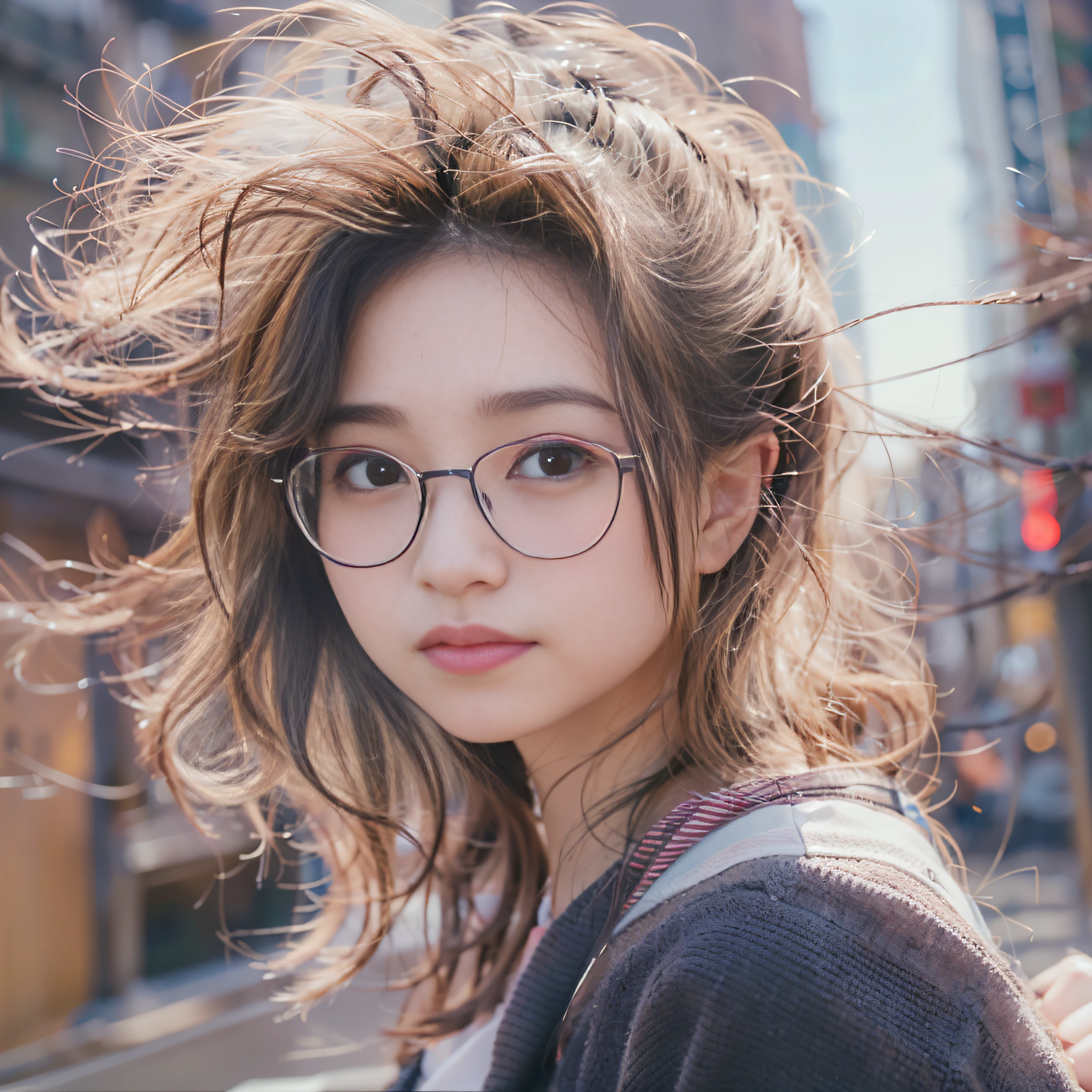 女の子1人、on tokyo street、A city scape、The upper part of the body、a closeup、A smile、Round frame glasses、Pink glasses frame、Round frame glasses、(8K、Raw photography、top-quality、​masterpiece:1.2)、(realisitic、photoRealstic:1.37)、Highly detailed eyelash drawing、(((Top image quality))),Fine skin, (Beautiful hair), (Perfect Anatomy), (Realistic), (Dynamic Angle), Pose Seductive,Perfect,Sensual look、top-quality、hight resolution、