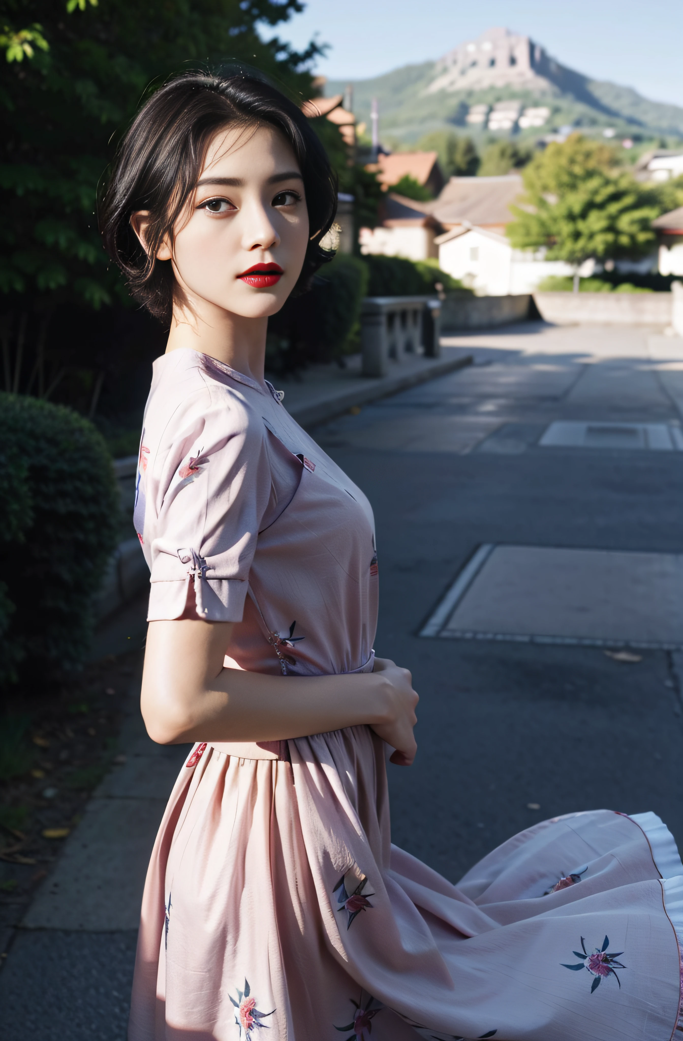(purple printed china dress),1 girl,(short hair:1.1), (arms behind back:1.1),(realistic:1.7),((best quality)),absurdres,(ultra high res),(photorealistic:1.6),photorealistic,octane render,(hyperrealistic:1.2), (photorealistic face:1.2), (8k), (4k), (Masterpiece),(realistic skin texture), (illustration, cinematic lighting,wallpaper),( beautiful eyes:1.2),((((perfect face)))),(cute),(standing),(black hair),(short hair),black eyes,red lips, (outdoors),