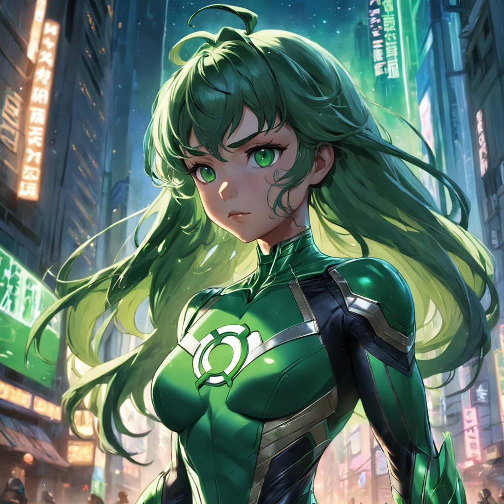 Realistic depiction of an advanced cybersuit, Woman dressed as Green Lantern from DC Comics