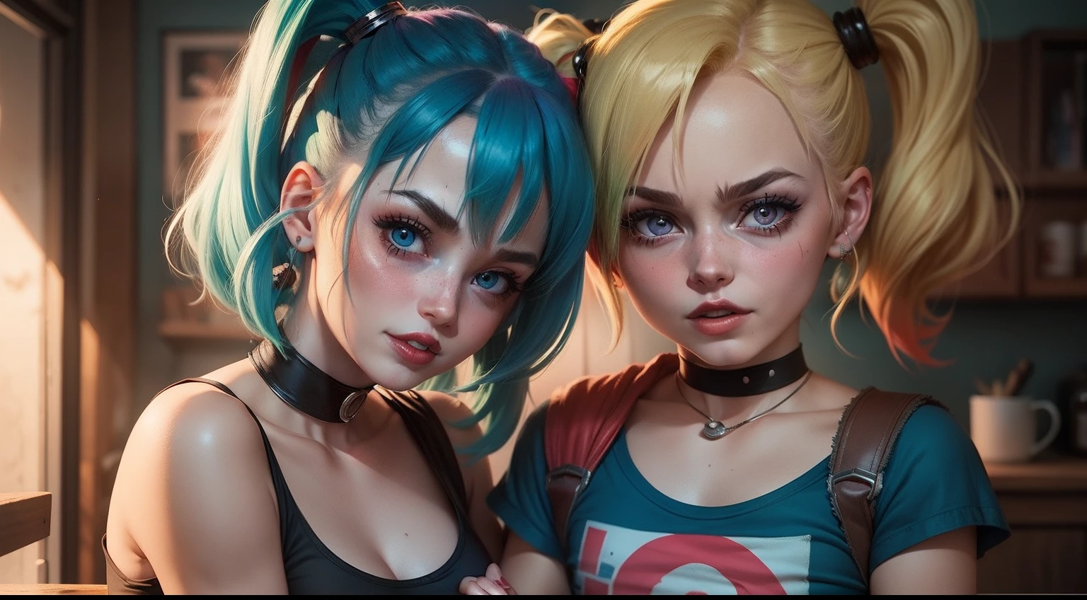 2 female characters, Bulma as a mother, Harley Quinn as a child