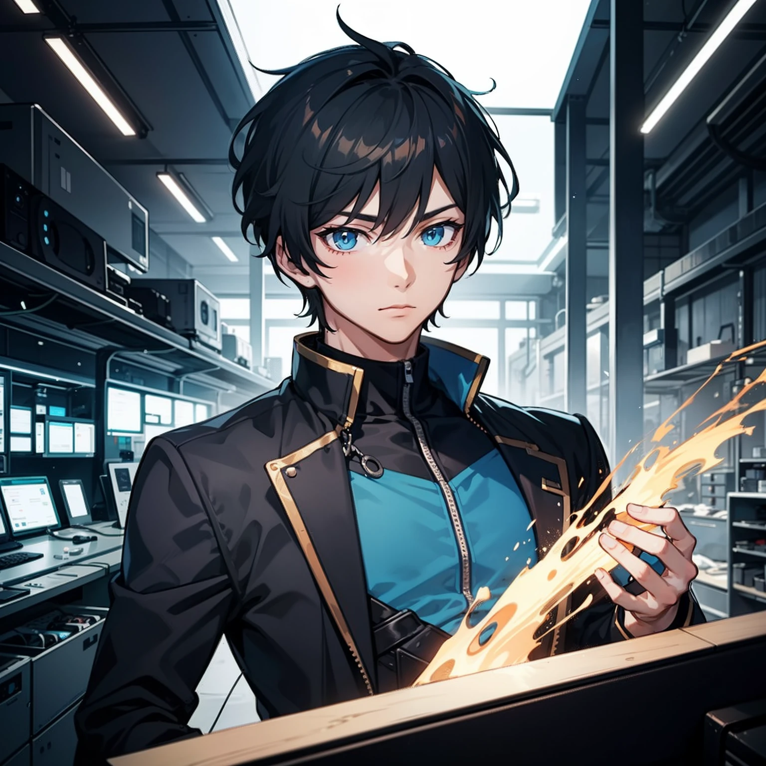 A boy，Black color hair，blue color eyes，Handsome，On the electronics factory ,Illustration anime style，Dark 4K, hyper HD, Masterpiece