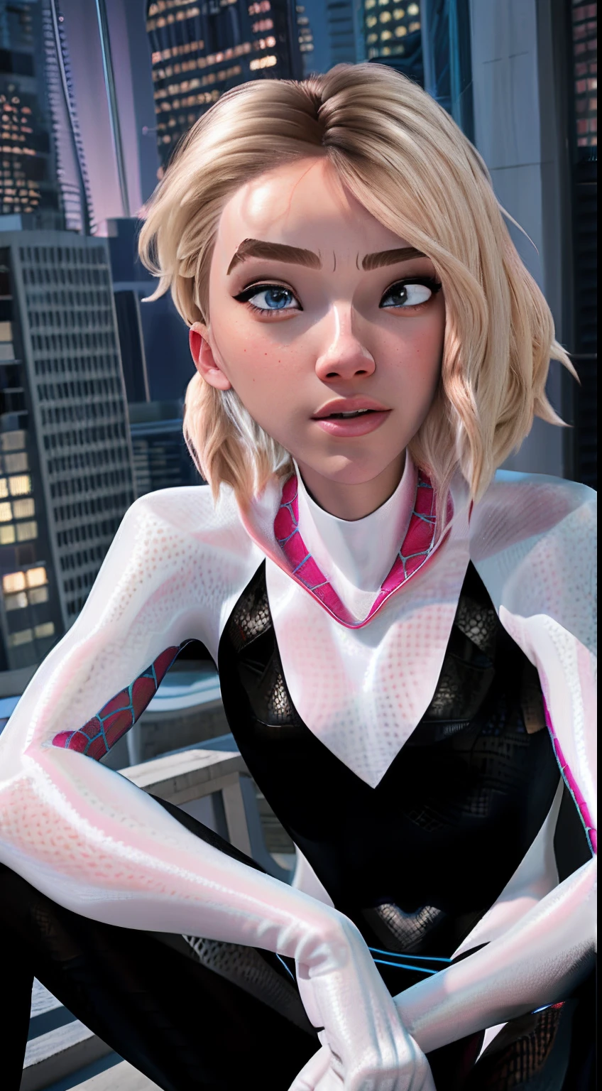 (Masterpiece), ((Best quality)), parted lip, Light_Smile, Cinematic lighting, Ultra-realistic, ((Realistic)), (gwen stacy), Blonde_Hair, short_Hair, Solo, side cut, asymmetrical_Hair, parted_Lips, eyebrow_Piercing, (Detailed face), Aesthetics 1 girl, Look pitifully at the audience, (Beautiful detailed eyes), tightsuit, spider-suit, White sweater, Portrait, full bodyesbian, (side of head shaved),  Kneeling, posed for photo, spread their legs, Thin legs, Bokeh, Depth of field, intricately detailed background, En plein air, skyscrapper, (Night:1.6), NSFW, photo-realistic, a Pretty Japanese woman, (Perfect detailed face), Detailed eyes, Detailed mouth, Detailed pale skin, Black hair, Fascinating, Seductive, Alluring, Mature face, bangs，from below