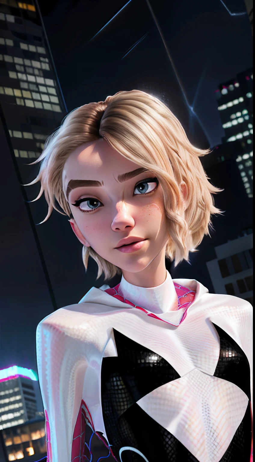 (Masterpiece), ((Best quality)), parted lip, Light_Smile, Cinematic lighting, Ultra-realistic, ((Realistic)), (gwen stacy), Blonde_Hair, short_Hair, Solo, side cut, asymmetrical_Hair, parted_Lips, eyebrow_Piercing, (Detailed face), Aesthetics 1 girl, Look pitifully at the audience, (Beautiful detailed eyes), tightsuit, spider-suit, White sweater, Portrait, full bodyesbian, (side of head shaved),  Kneeling, posed for photo, spread their legs, Thin legs, Bokeh, Depth of field, intricately detailed background, En plein air, skyscrapper, (Night:1.6), NSFW, photo-realistic, a Pretty Japanese woman, (Perfect detailed face), Detailed eyes, Detailed mouth, Detailed pale skin, Black hair, Fascinating, Seductive, Alluring, Mature face, bangs，from below