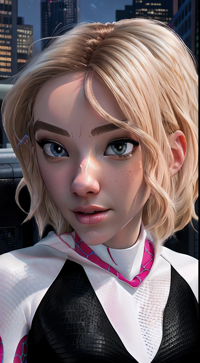 (Masterpiece), ((Best quality)), parted lip, Light_Smile, Cinematic lighting, Ultra-realistic, ((Realistic)), (gwen stacy), Blonde_Hair, short_Hair, Solo, side cut, asymmetrical_Hair, parted_Lips, eyebrow_Piercing, (Detailed face), Aesthetics 1 girl, Look pitifully at the audience, (Beautiful detailed eyes), tightsuit, spider-suit, White sweater, Portrait, full bodyesbian, (side of head shaved),  Kneeling, posed for photo, spread their legs, Thin legs, Bokeh, Depth of field, intricately detailed background, En plein air, skyscrapper, (Night:1.6), NSFW, photo-realistic, a Pretty Japanese woman, (Perfect detailed face), Detailed eyes, Detailed mouth, Detailed pale skin, Black hair, Fascinating, Seductive, Alluring, Mature face, bangs，from below