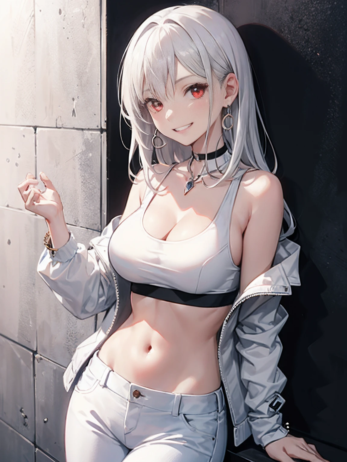 1girll, leaning back against the wall, Large breasts, Solo, White pants, White crop top, White jacket, Long hair, navel, Red eyes, cropped shoulders, choker necklace, Side breasts, jewelry, view the viewer, Earrings, Open clothes, White hair, cleavage, grin, Bare shoulders, 鎖骨, Sleeveless