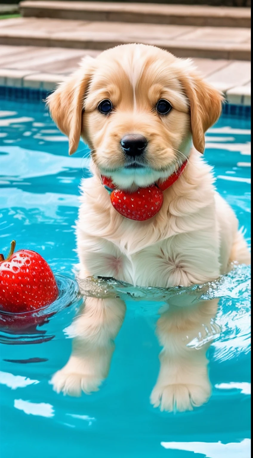 : 3. Golden retriever puppy, realistic, hairy, swimming clothed animal, apple, clear circles, blush, cherry, food, fruit, full body, hat, non-human, strawberry, tomato, watermelon