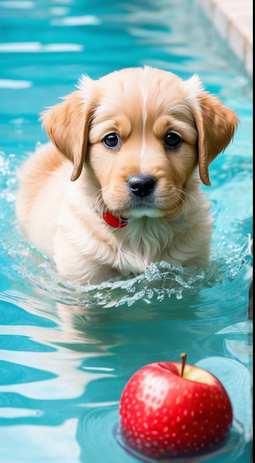 : 3. Golden retriever puppy, realistic, hairy, swimming clothed animal, apple, clear circles, blush, cherry, food, fruit, full body, hat, non-human, strawberry, tomato, watermelon