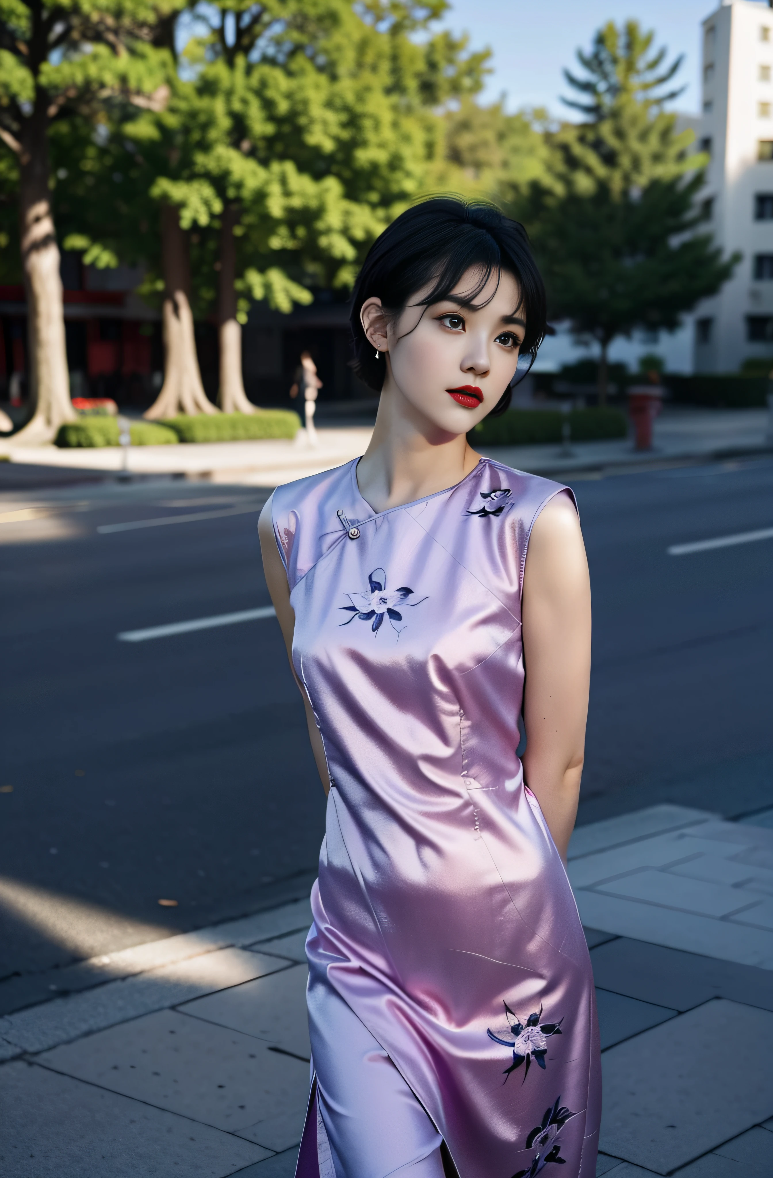 (purple printed china dress),1 girl,(short hair:1.1), (arms behind back:1.1),(realistic:1.7),((best quality)),absurdres,(ultra high res),(photorealistic:1.6),photorealistic,octane render,(hyperrealistic:1.2), (photorealistic face:1.2), (8k), (4k), (Masterpiece),(realistic skin texture), (illustration, cinematic lighting,wallpaper),( beautiful eyes:1.2),((((perfect face)))),(cute),(standing),(black hair),(short hair),black eyes,red lips, (outdoors),
