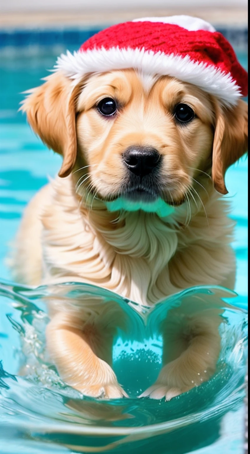 : 3. Golden retriever puppy, realistic, hairy, swimming clothed animal, apple, clear circles, blush, cherry, food, fruit, full body, hat, non-human, strawberry, tomato, watermelon