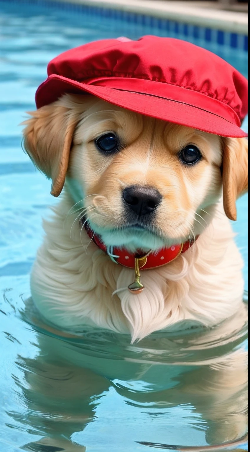 : 3. Golden retriever puppy, realistic, hairy, swimming clothed animal, apple, clear circles, blush, cherry, food, fruit, full body, hat, non-human, strawberry, tomato, watermelon