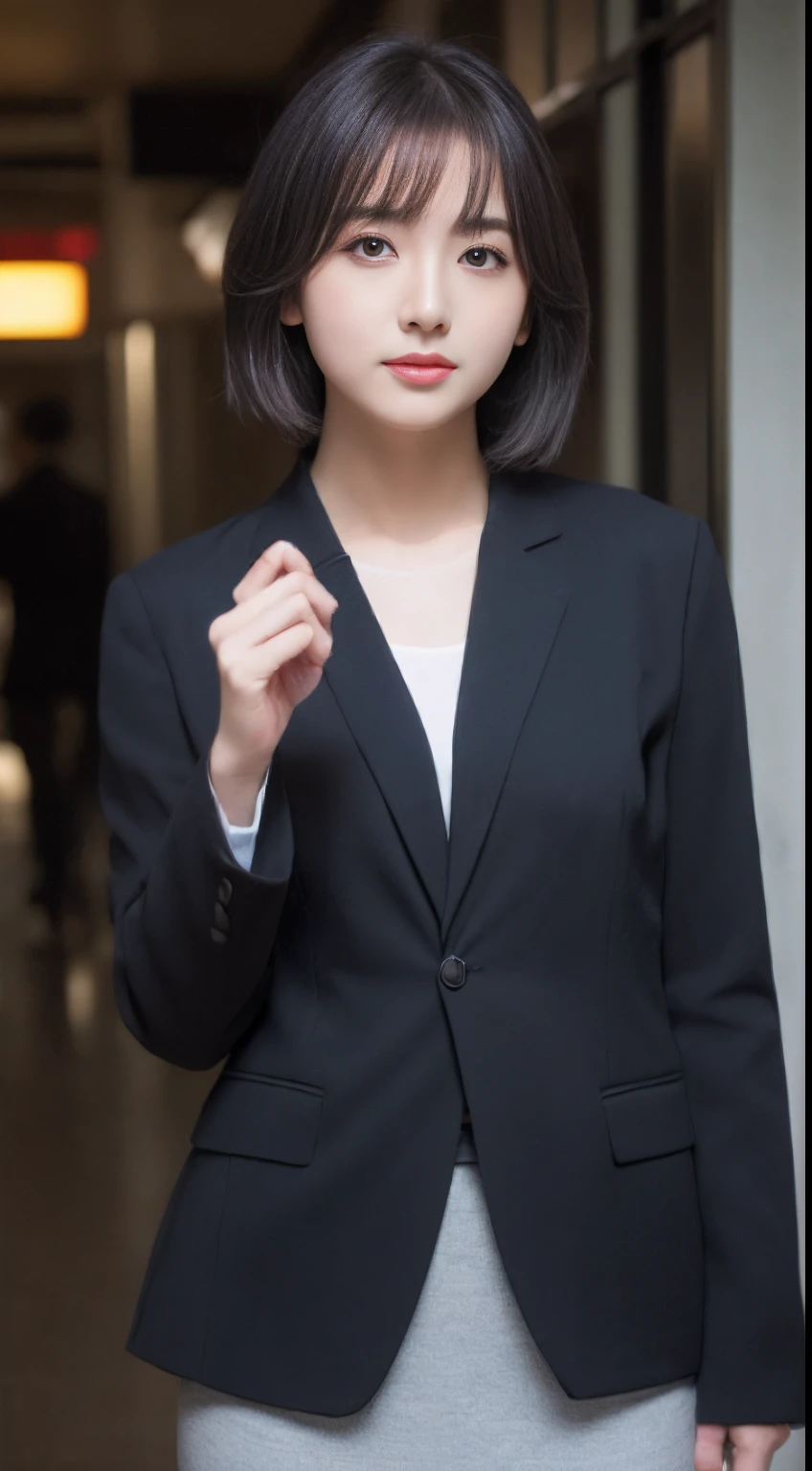 (8K、Raw photography、top-quality、masterpiece:1.2、realisitic、Photorealsitic、highcontrast、photon maping、photon maping、Photorealsitic、ultra-detailliert、profetional lighting、low angles:1.2)、(1 girl in、age19)、(Transcendent beauty Japan girls、独奏:1.5)、(standing straight ahead、Exposed thighs、full body Esbian: 1.6)、(Crisp focus:1.2)、(Beautiful woman with perfect body shape:1.4)、(Slender Abs:1.5)、(layers-Cut、Colossal tits:1.4)、(Sateen、deep in the night、Shinjuku in Japan、Bustling street、Sidewalks without people: 1.6)、(a wet body:1.5)、(Highly detailed facial and skin texture、A detailed eye、二重まぶた: 1.5)、(Bery short hair: 1.4)、beautiful countenance, (photographrealistic:1.3), Rim lighting, (High Detail Skins:1.2), Digital SLR, 8K, bokeh dof, absurderes, best ratio four finger and one thumb, (realisitic:1.3), pretty 1girl, (Wearing a stylish black formal blazer、white shirt: 1.4)、Short skirt in grey,