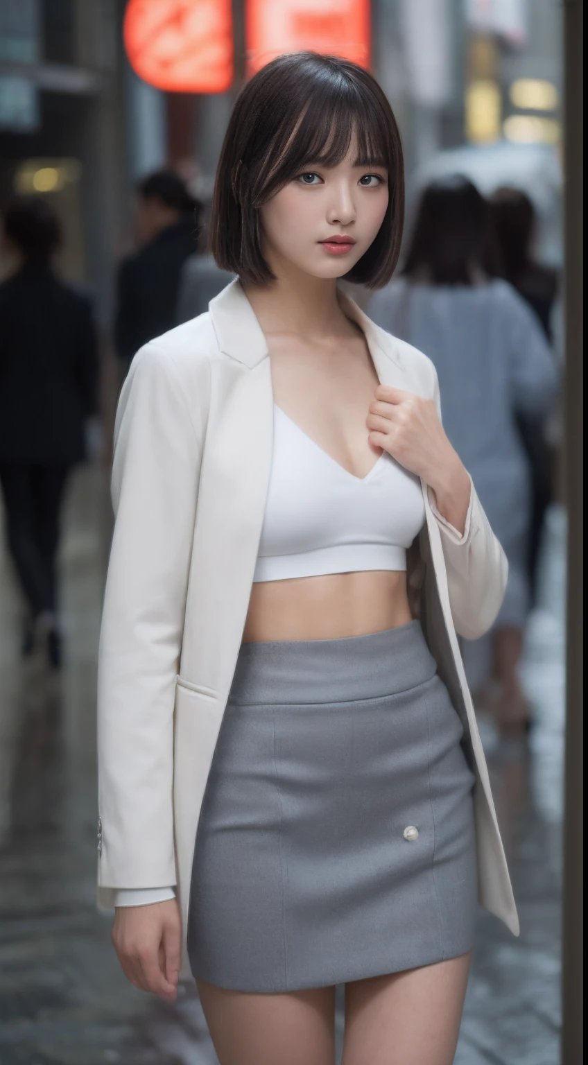 (8K、Raw photography、top-quality、masterpiece:1.2、realisitic、Photorealsitic、highcontrast、photon maping、photon maping、Photorealsitic、ultra-detailliert、profetional lighting、low angles:1.2)、(1 girl in、19)、(Transcendent beauty Japan girls、独奏:1.5)、(standing straight ahead、Exposed thighs、full body Esbian: 1.6)、(Crisp focus:1.2)、(Beautiful woman with perfect body shape:1.4)、(Slender Abs:1.5)、(layers-Cut、Colossal tits:1.4)、(Sateen、deep in the night、Shinjuku in Japan、Bustling street、Sidewalks without people: 1.6)、(a wet body:1.5)、(Highly detailed facial and skin texture、A detailed eye、二重まぶた: 1.5)、(Bery short hair: 1.4)、beautiful countenance, (photographrealistic:1.3), Rim lighting, (High Detail Skins:1.2), Digital SLR, 8K, bokeh dof, absurderes, best ratio four finger and one thumb, (realisitic:1.3), pretty 1girl, (Wearing a stylish black formal blazer、white shirt: 1.4)、Short skirt in grey,