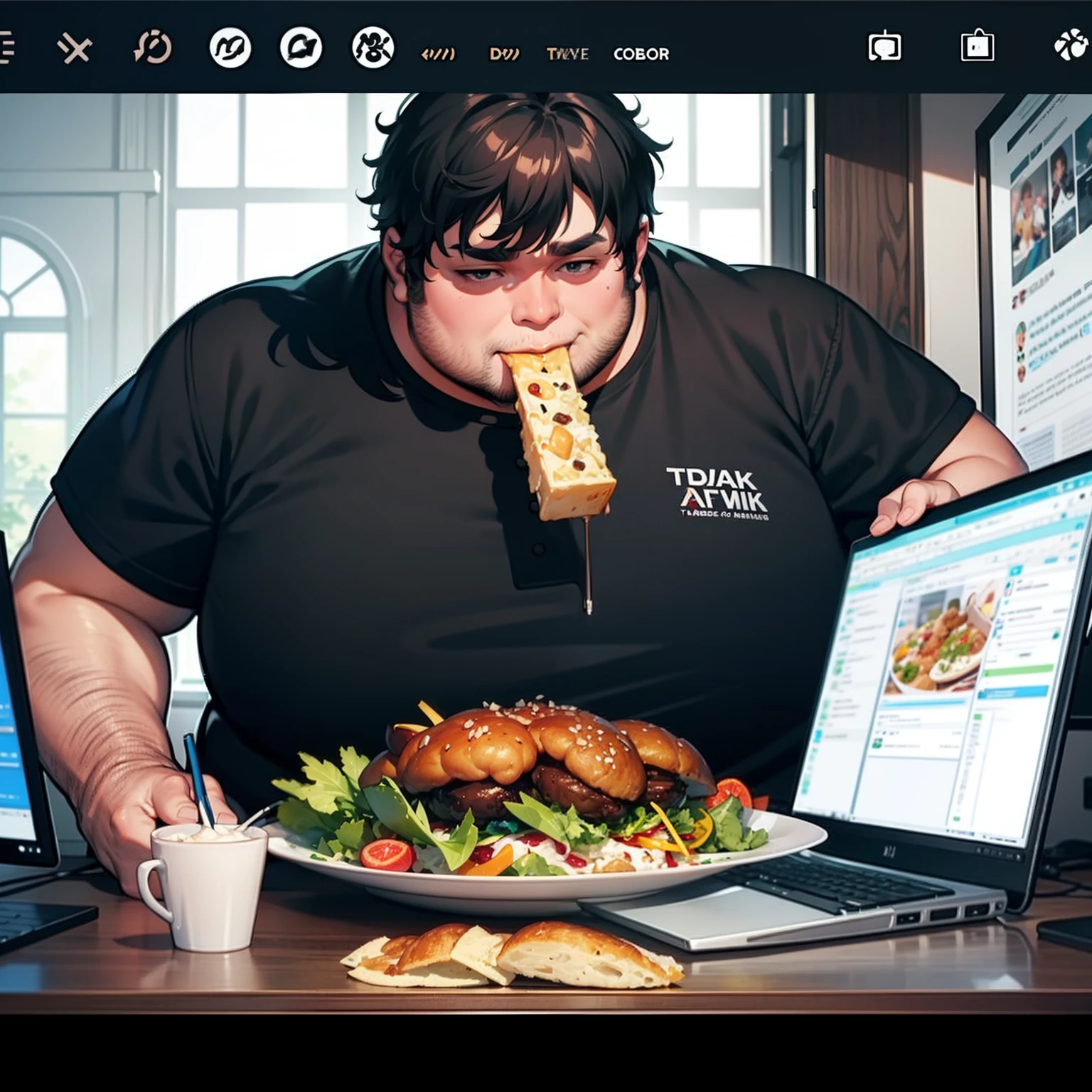 An obese man,Black color hair,Foodies,Gobbling down food on the computer desk,food in mouth ,Illustration anime style,Dark 4K, hyper HD, tmasterpiece