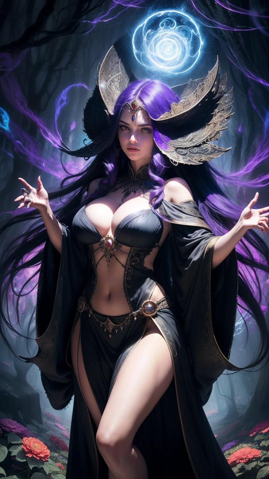 A powerful wizard, standing in a mystical forest. Their flowing robes adorned with symbols, arms outstretched, eyes sparkling with arcane energy. As their incantation escapes their lips, vibrant, swirling patterns of dark magic manifest in the air, pulsating with hues of reds and blues. Enchantment permeates, causing flowers to bloom, creatures to gaze in awe. Wisps of magic energy dance, revealing hidden realms, unlocking secrets. Capture the essence of this spellbinding moment, bringing the mystic power of the dark enchantment to life on the canvas with the highest quality and detail. Best quality, masterpiece, ultra high res, (photorealistic:1.4), raw photo, sharp focus, HDR, detailed skin.