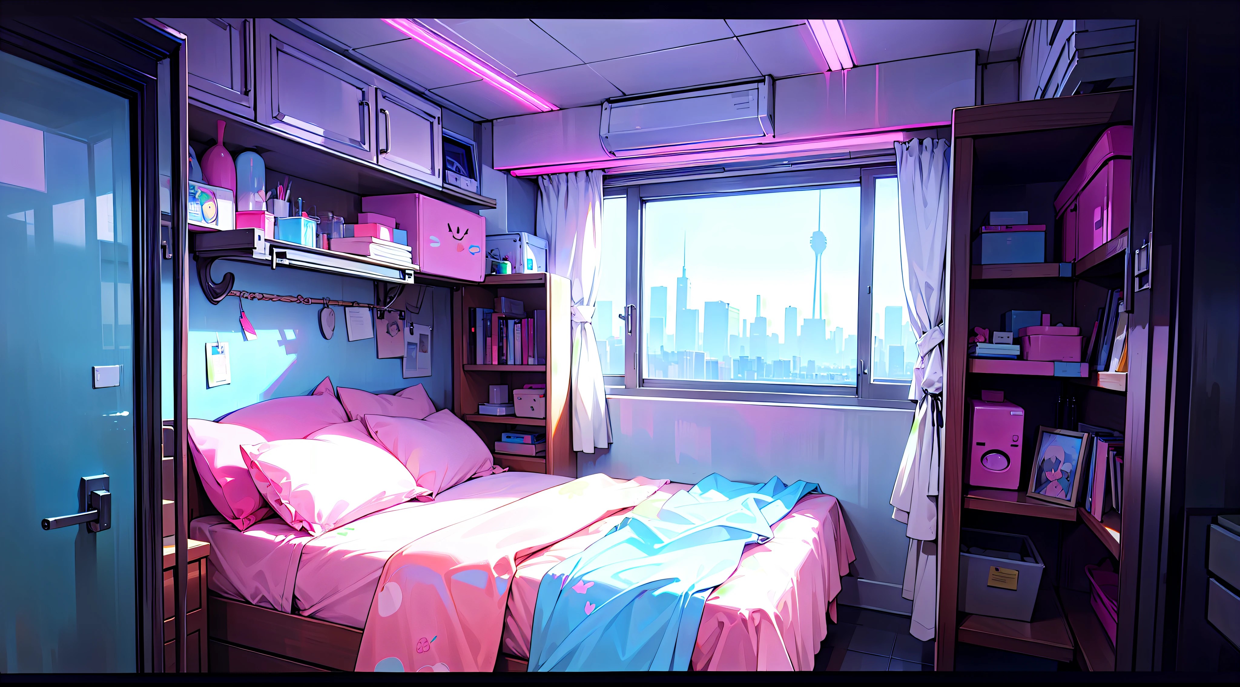 Masterpiece, absurdres, highres, 8k, epic, landscape, background, ((RAW photo)), ((realistic)), BREAK, cyberpunk inspired, kawaii, cyberpunk inspired apartment, pink, cute, pastel colors, kawaiitech, comfy bed, pastel kitchen, glass closet