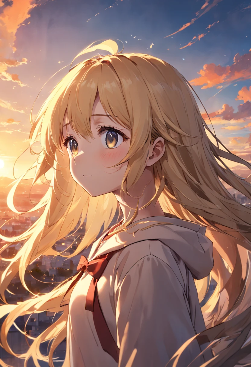 Fluttering hair,the setting sun,Light,Blonde hair,junior school student,high saturated,wears glasses,reed bush