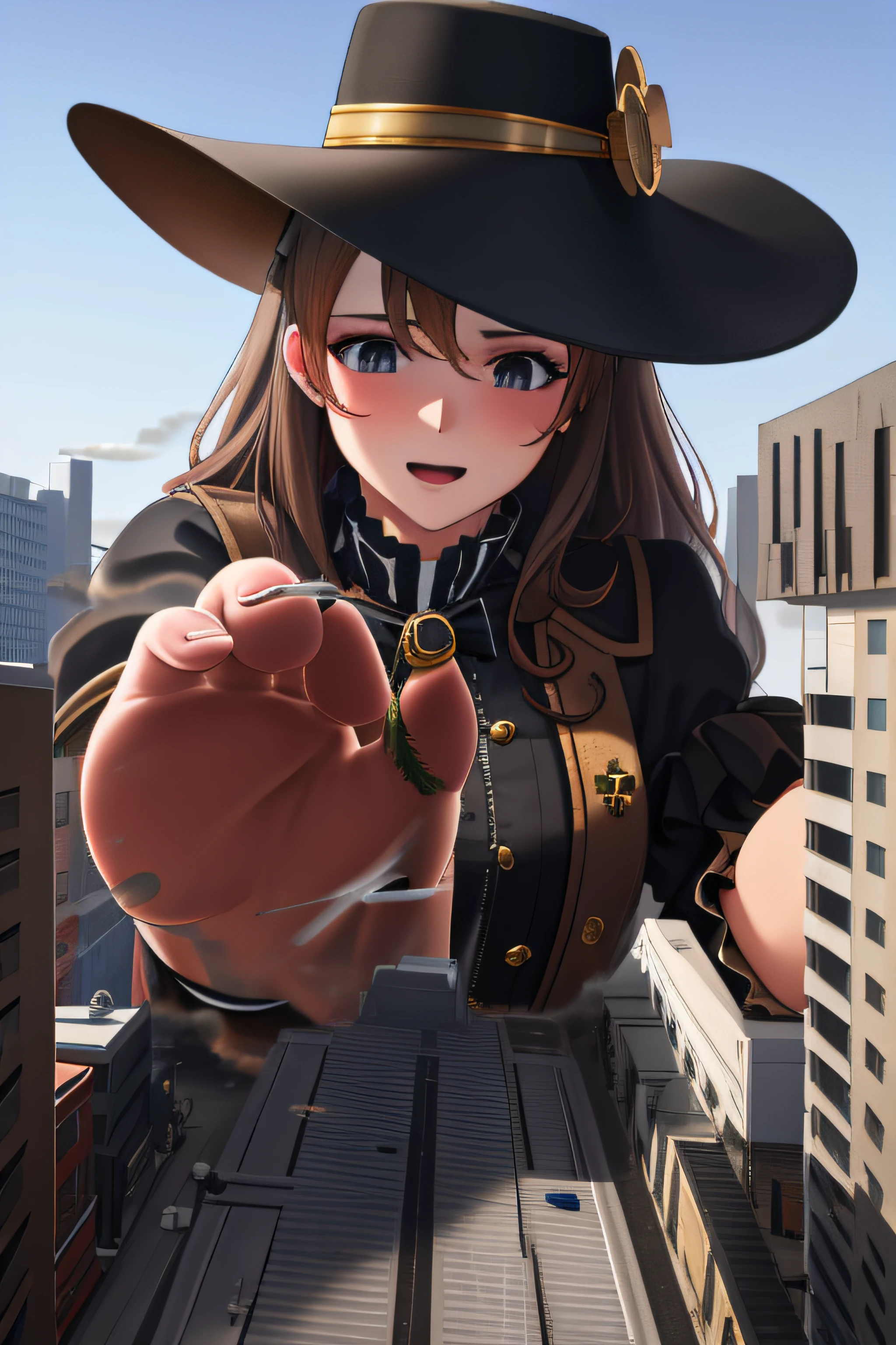 GTS Royal Sister, Bright gray eyes, auburn hair, Blackn clothes,golden trim, Black hat, steampunc, Rustic city background, Golden sky, ultra-realistic realism, Cinematic, Photorealistic, 4K
