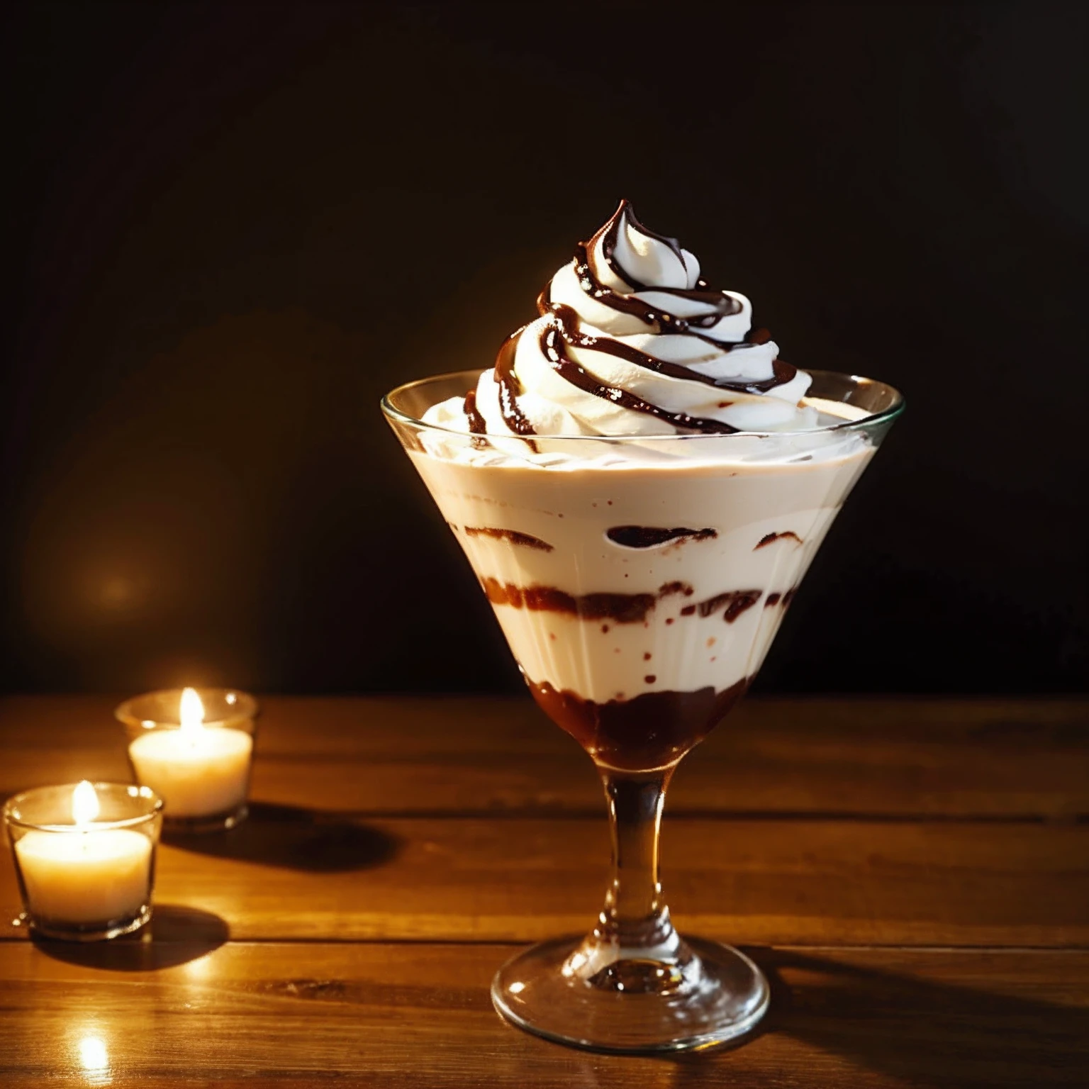 A beautiful glass of chocolate sundae, com creme e uma cereja em cima, muita linda