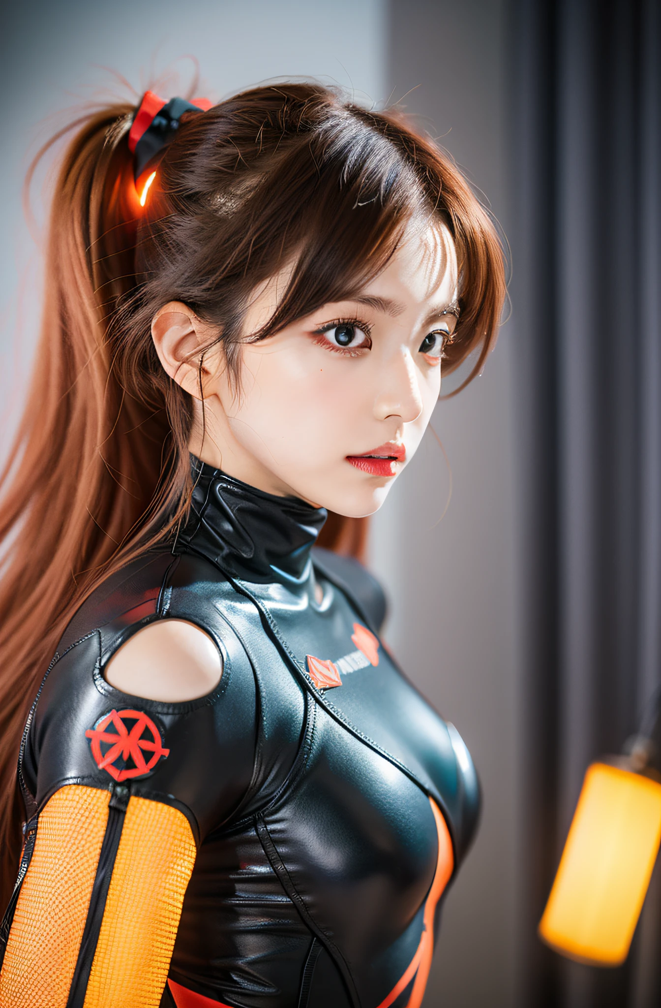 The background is a rough land、Red-haired、red plugsuit、Content: Idol Eri Kamei cosplays Asuka Langley in Evangelion.
Medium: Photography.
Style: anime-inspired, Reminiscent of the Evangelion series, Maintaining the charm unique to idols.
Lighting: Dramatic spotlight centered on Eri Kamei, Ambient neon lights reflecting the Evangelion theme.
Colors: bright red (From Asuka's plug suit) Contrast between deep blacks and neon glows.
Composition: Canon EOS 5D Mark IV DSLR Camera, EF 50mm f/1.8 STM lens, Resolution 30.4 megapixels, ISO sensit: 32,000, Shutter speed 8000 second.
--ar 16:9 - V5.1 --Style raw --Q 2 --S 750