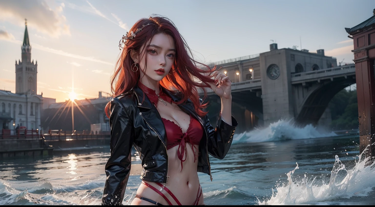 (realisitic,Photorealsitic:1.4),(1 Beauty:1.3),(beautiful countenance:1.5),Detailed shiny skin,A detailed eye,Precise hands and fingers,8K HDR, , masterpiece, (Dynamic angle footage),电影灯光, Finely drawn backgrounds,(Southland,the beach,Fashionable swimwear,splash water,Drenched girl),No hair ornament,jetty,Chinese model,tailcoat,red hairs,choker necklace,moscow,Light Room,Lifting a load,Attractive strain,