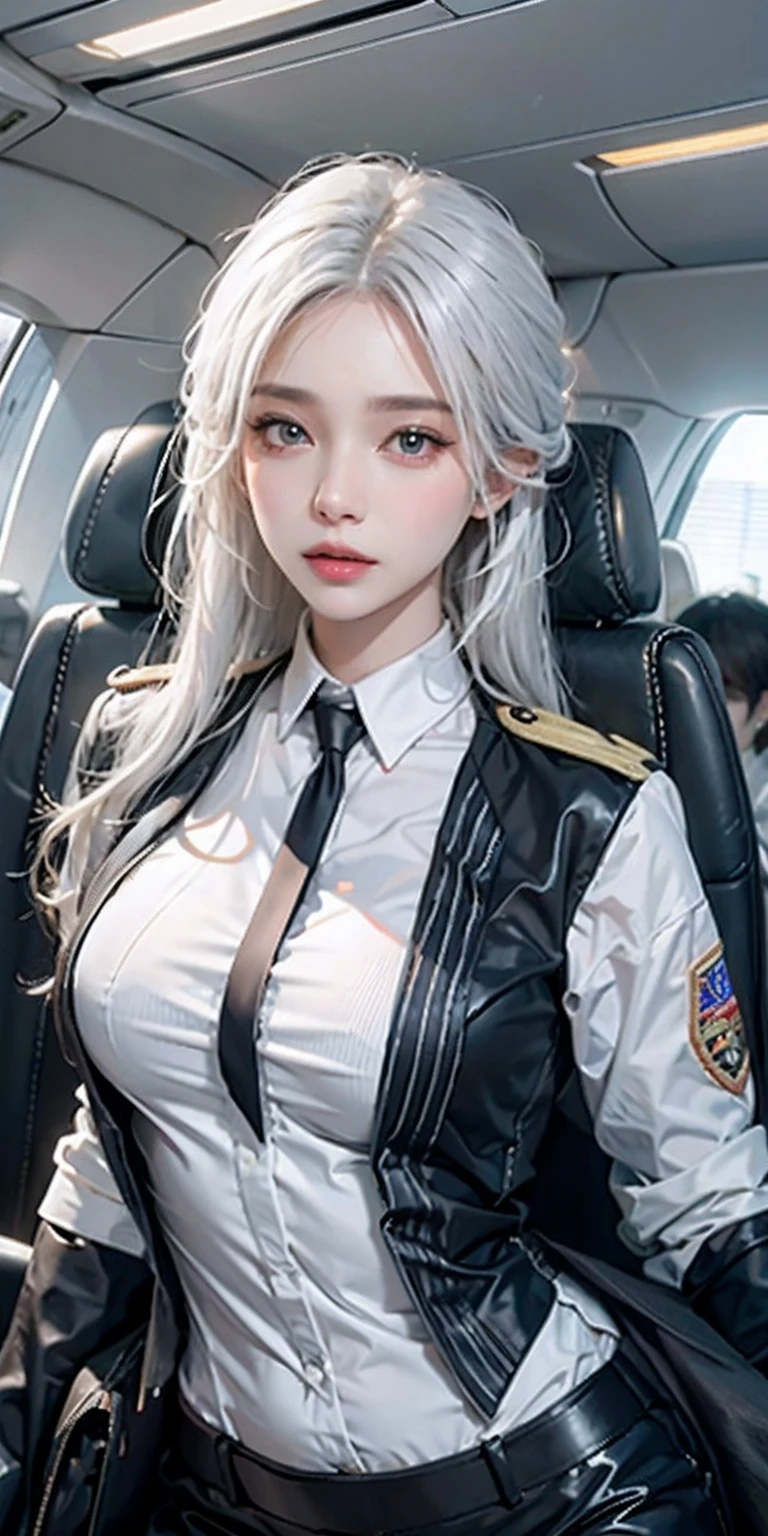 Photorealistic, high resolution, Soft light,1womanl, Solo, Hips up, shiny skins, (Detailed face),High neck flight attendant uniform, White hair