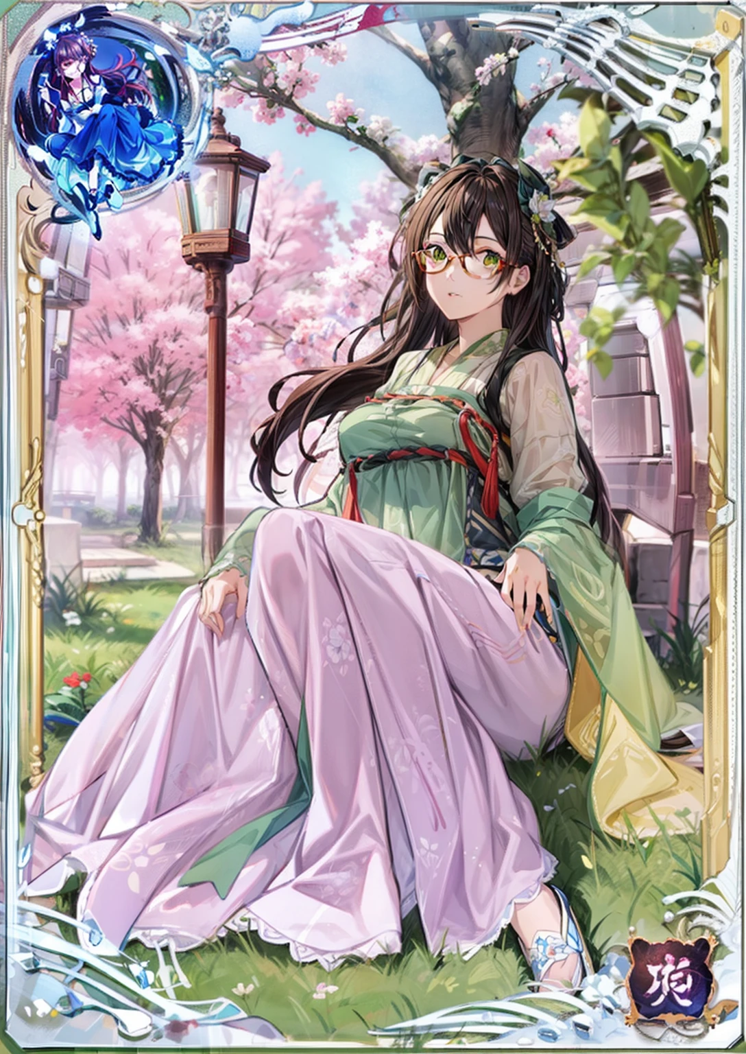 brown hair,very long hair, green eyes:1.5, hair ornament, large breasts, glasses, hanfu, tang style, full body, sitting on ground, perfect eyes:1.2, detailed eyes:1.4, masterpiece, best quality,