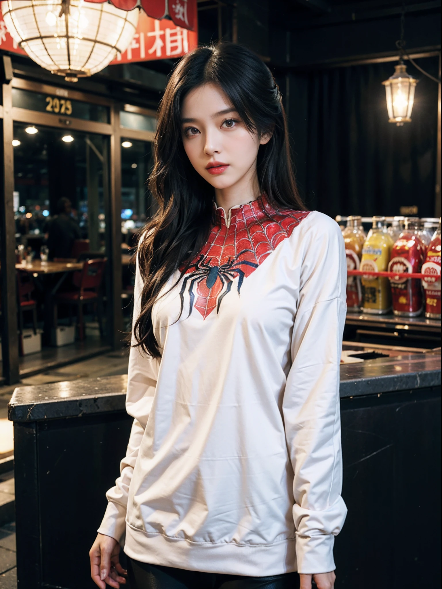 (Wear Female Spider-Man_cosplay_Outfit:1.1), Sky front, nice hand,4K, A high resolution, tmasterpiece, best qualtiy, Head:1.3,((Hasselblad photograp)), finelydetailedskin, tack sharp focus, (电影灯光),the night，softlighting，dynamic angle，[:(detail in face:1.2):0.2]，middlebreast，takeout，The clothes are white, Black and red
