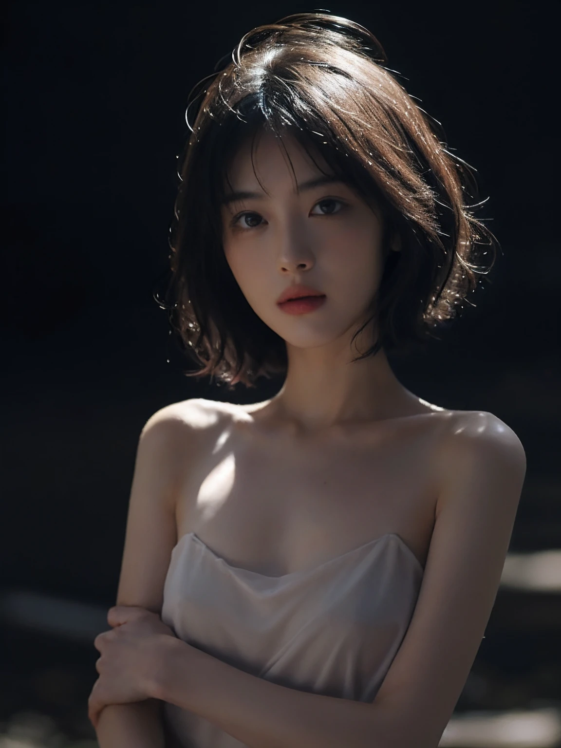top-quality、masterpiece、超A high resolution、(Photorealsitic:1.5)、Raw foto、1girl in、off shoulders、murky、deep-shadows、Unobtrusive、cold light、sexy appearance、shorth hair、Tifa Lockhart、25 year old mature woman