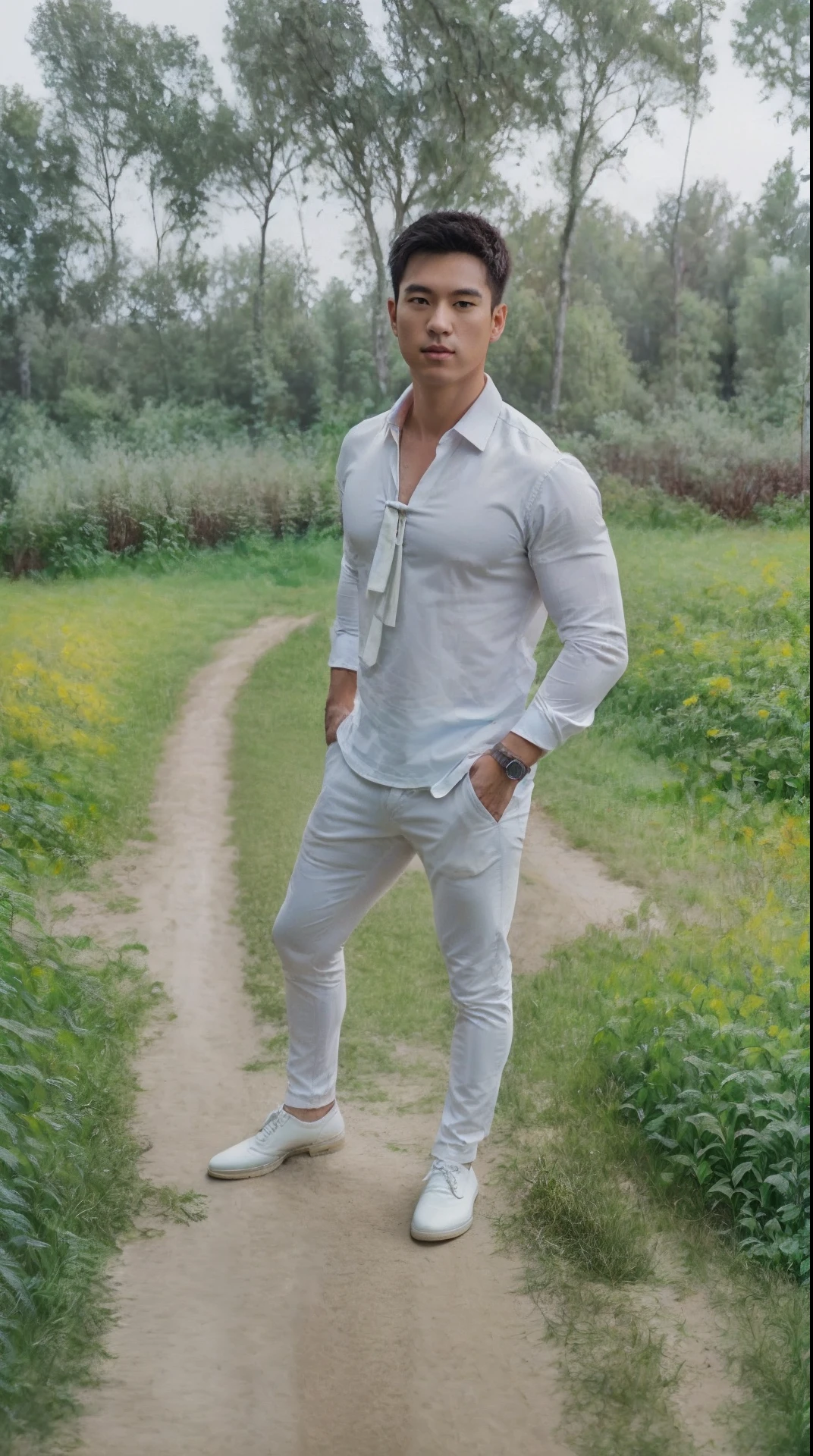 Superb Quality, Masterpiece, High Resolution, a tall handsome muscular young man, sexy gaze, Star Eyes, perfect body, (wearing sexy clothes), Jewelry, beautyful, gorgeous, wet, full body view, Tyndall Effect, Realistic, (Peach Blossom Forest), Light Edge, Two-tone Lighting, (High Detail Skin: 1.2), 8K UHD, DSLR, Soft Light, High Quality, Volume Lighting, Voyeur, Photo, High Resolution, 4K, 8K, Background Blur