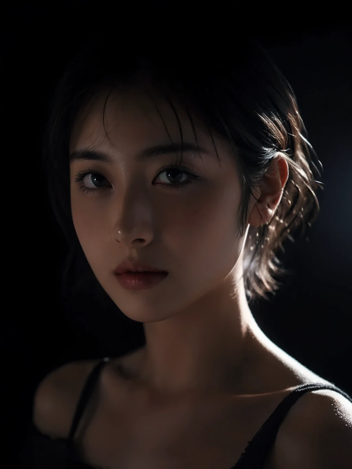 Best quality, masterpiece, ultra high res, (photorealistic:1.5), raw photo, 1girl, offshoulder, in the dark, deep shadow, low key, cold light, sexy look, short hair