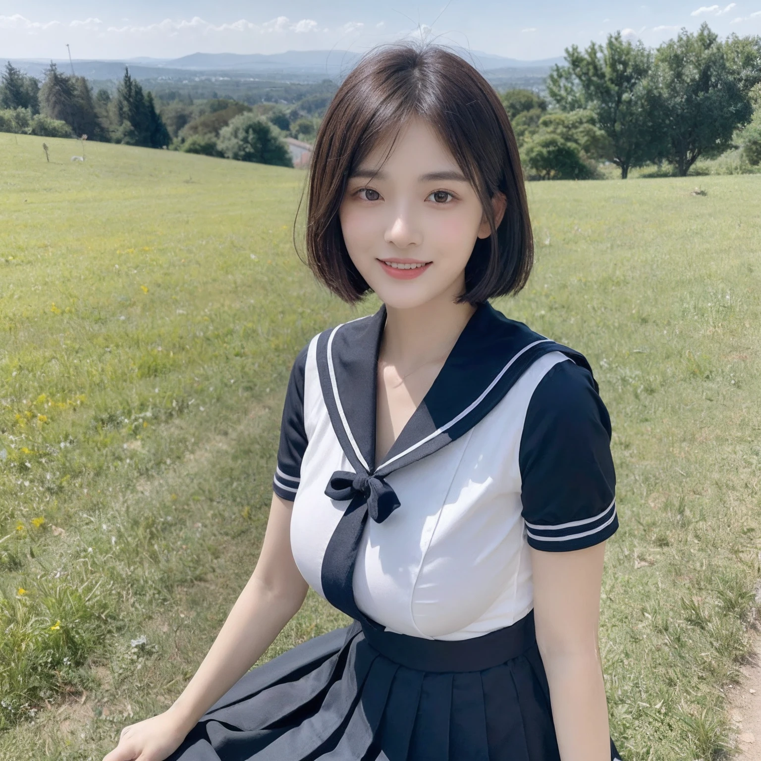 ((layered haircuts、Colossal tits:1.2)),(8K,highest quality),full body shot shot,Watching from a distance,Distant shots,hilltop,scenic view,There are flowers,Sweet girl,Sailor suit pleated skirt,Full body photography:1.9,pupils, Android, adolable, ssmile, Thin face, short detailed hair, 32K, tmasterpiece, Best picture quality,超A high resolution,Perfect hands,Looking_at_peeping at the viewer,