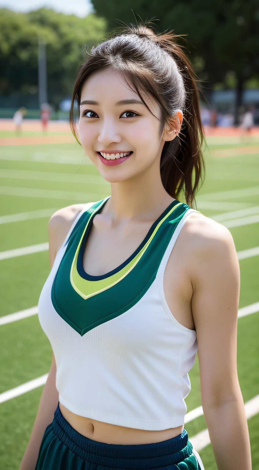 20 year old Japanese beauty,Slim and cute、Bulge of lateral breasts、Slit eyes、A head-to-toe view,Bust is very very large、The background is a European castle、High quality photos、Clear, crisp images of the lower body、Masterpiece 8k、Smiling、Race queen with emphasis on her breasts、I have a mushroom in my hand