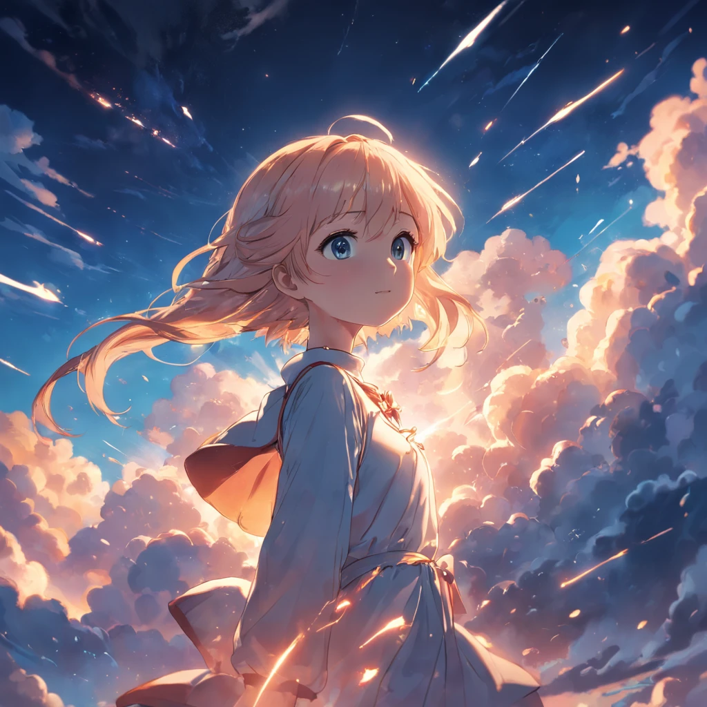 masterpiece, best quality, movie still, 1girl, cloud girl, floating in the sky, close-up, bright, happy, warm soft lighting, sunset, (sparks:0.7)