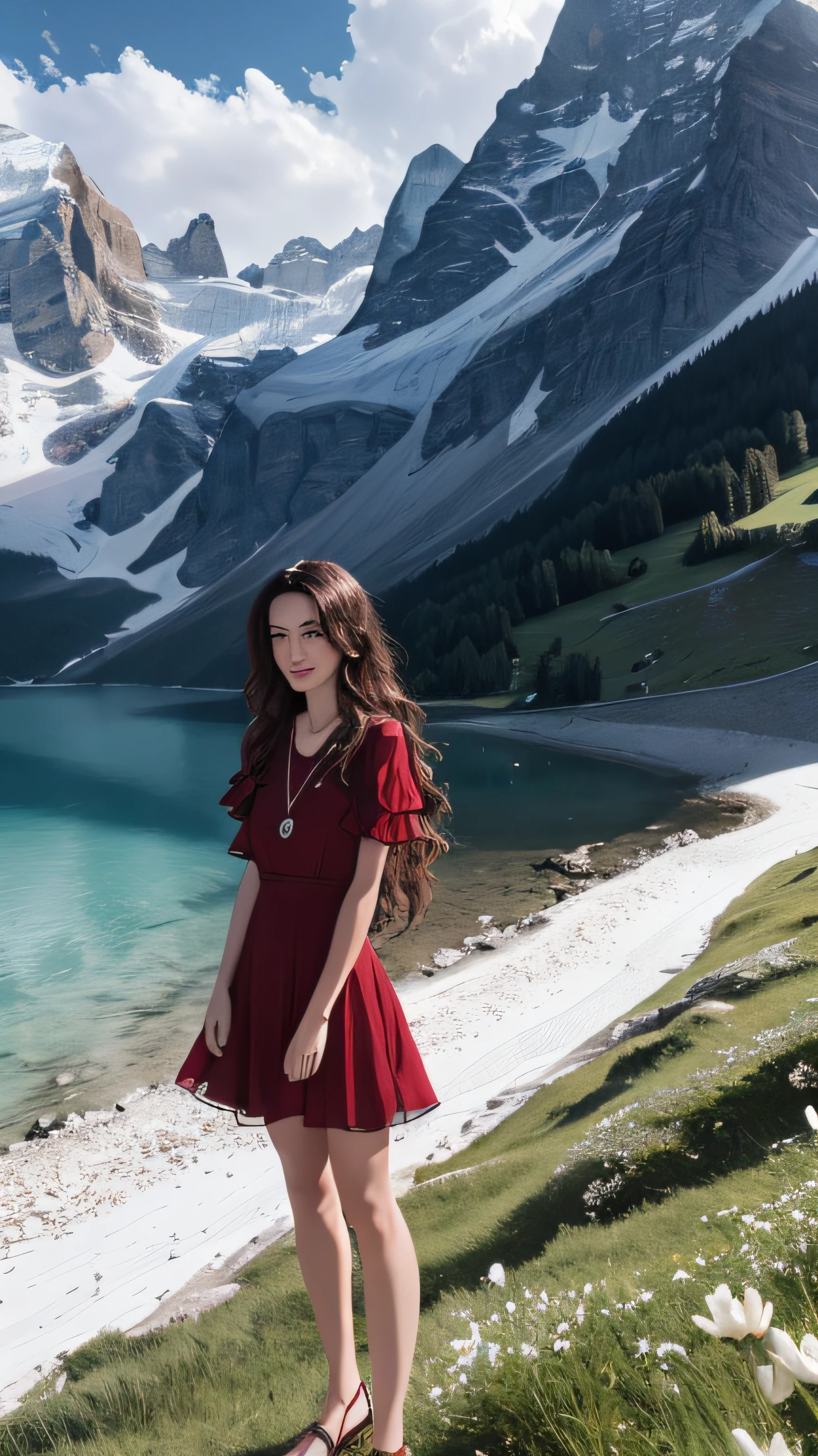 masterpiece,ultra realistic,32k,extremely detailed CG unity 8k wallpaper, best quality,
The Swiss Alps, Switzerland, ( Dark red A-line dress ) ,((spring day )), Beachy waves with a side part ,eardrop,lady ,necklace,