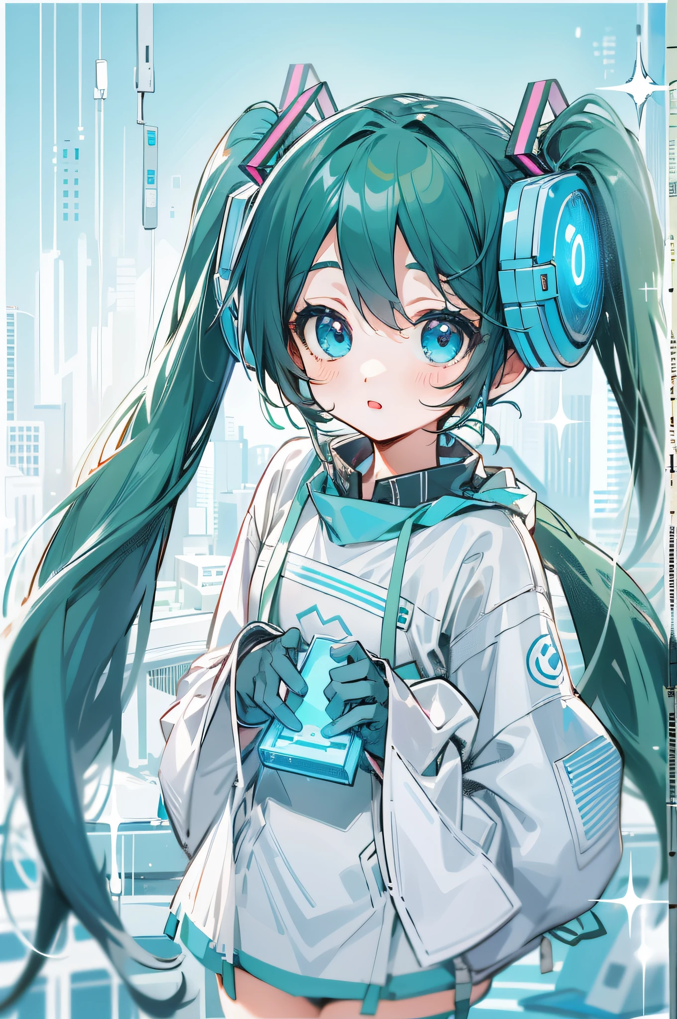 A Hatsune Miku anime character,cute young girl,Has beautiful and delicate eyes and shiny black hair,Blue eyes appear extra bright against the background of blue hair。Her hair fell naturally,Her beautiful eyes can be seen through her hair。The girl wears blue monochrome clothes,The mathematical formula is printed on it,It makes her smarter and cuter。She wears white gloves on her hands,Side light,Gloves have attractive reflexes。