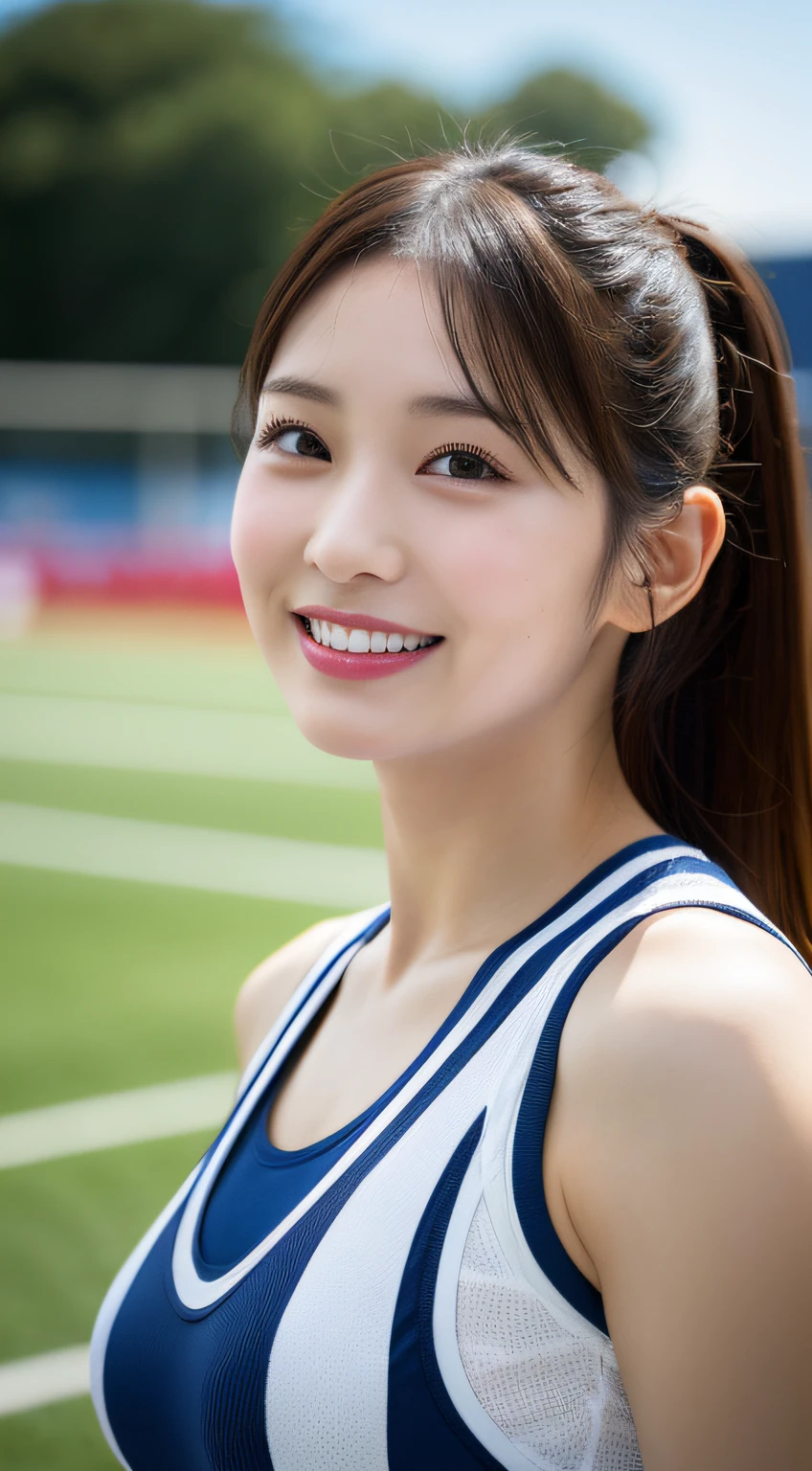 high-level image quality, masutepiece, Best Quality, Illustration, Ultra-detailed, finely detail, hight resolution, 8K Wallpapers, Perfect dynamic composition, Beautiful detailed eyes, Medium Hair, (Colossal tits:1.2), Natural Color Lip, Smile, sport uniform, short length of tank top, athletic field, Athletics track, shortpants, (Tight abs:1.1), blurry backround, big breasts thin waist