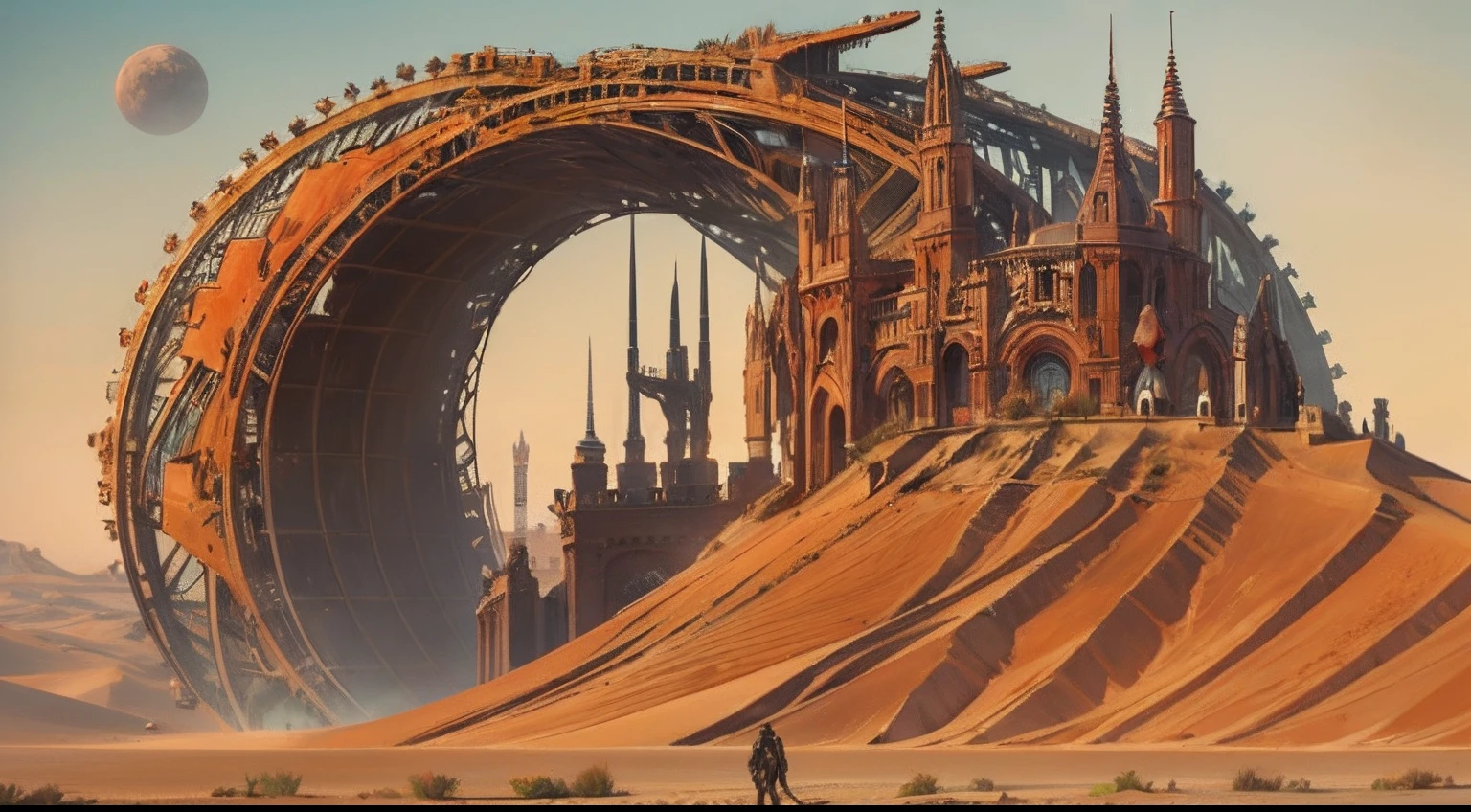 Naked alien vampires on desert dune planet with gigantic fortress and massive ancient alien structures thousands of ft wide and Long red and blue