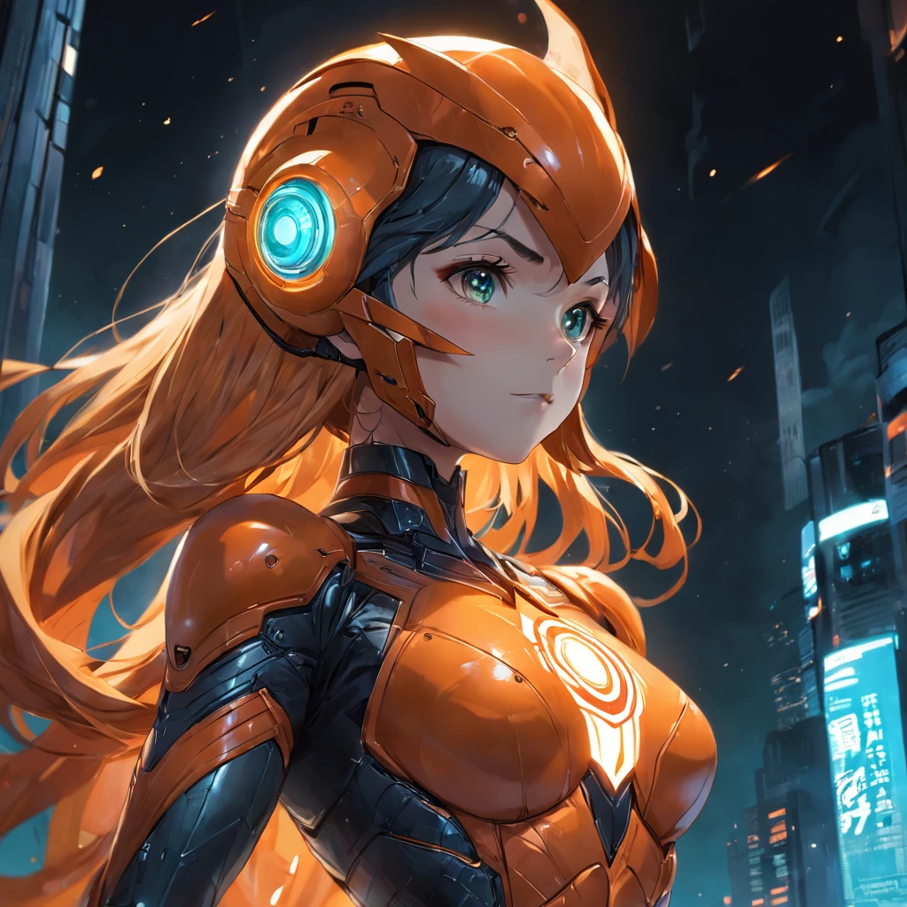 Realistic depiction of an advanced cybersuit, Woman dressed as Orange Lantern from DC Comics