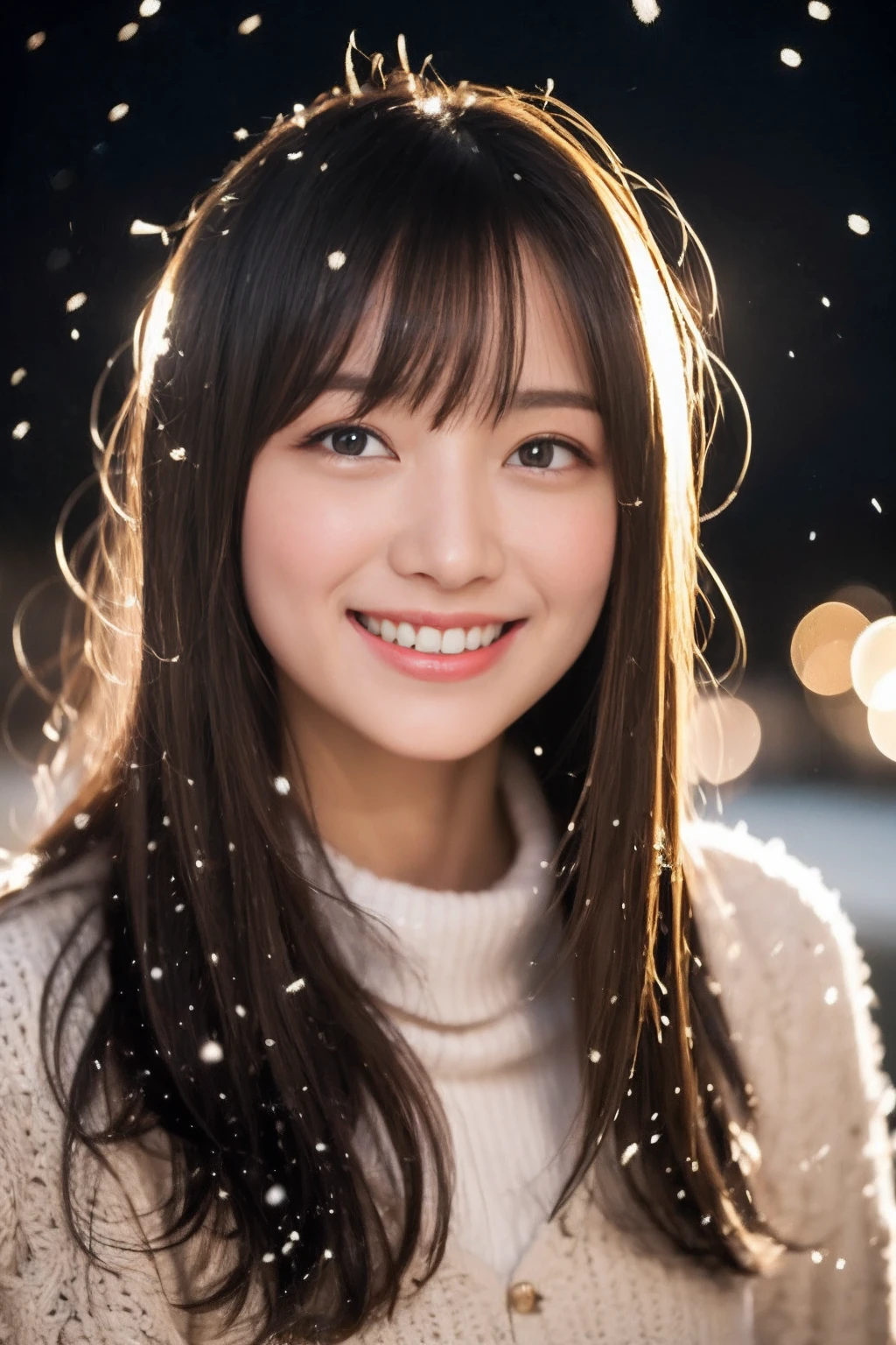 ((Show face only、Close-up of face))、(realisitic、Photorealsitic、ultra-detailliert、Highest Details Skins、top-quality、​masterpiece、超A high resolution)、Cute Japan Woman、sixteen years old、hi-school girl、younggirl、Thin makeup、1 girl in、I have bangs、二重まぶた、drooing eyes、Japanese style face、ssmile、Vampire teeth visible、View here、Realistic skin type、Thick muffler、fluffy hair、Red cheeks、The wind is blowing、It's snowing、Christmas、nighttime scene、illuminations