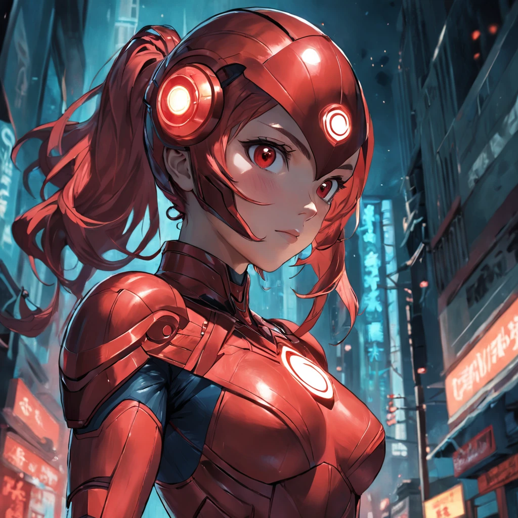 Realistic depiction of an advanced cybersuit, Woman dressed as Red Lantern from DC Comics