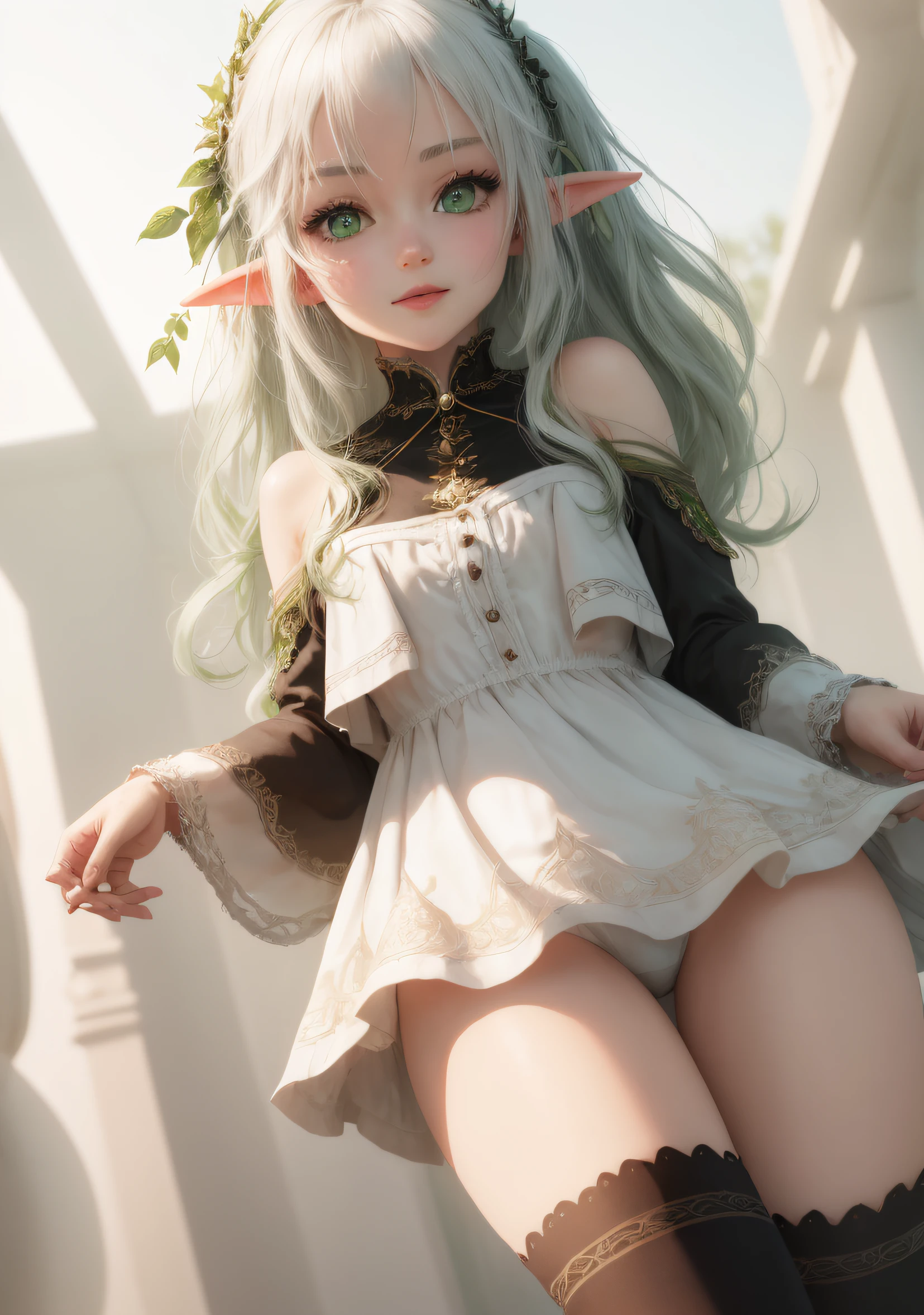 The elf stands and looks at the camera, A girl stands at a fair, green eyes and white hair, She lifts her skirt with her hands, Upskirt, blue skies, Beautiful clear blue sky, green hairpins in the hair, skinny waist, Slender figure, Appearance of the model, confusion, sexuality, nahida, pixie, elf ears, Beautiful ears, green colored eyes, People's casual clothes, black clothing, pantyhouse, black tights, little chest, You can see the, Upskirt, black clothing, White underpants, Elf Girl, Sweet girl, attractive anime girl, beautiful anime girl, Cute beautiful anime woman, detailed digital anime art, beautiful anime girl, beautiful anime girl, Anime with small details, Best Quality, Masterpiece, Ultra-detailed, Beautiful, hight resolution, Original,CG 8K ультрареалистичный, perfect artwork, beatiful face, Face Clean, Skin, hyper realistic, Ultra Detailed, A detailed eye, dramatic lighting, (Realistic) Realistic, Full HD, Best Quality, Best Quality, Beautiful lighting, (8k wallpaper of extremely detailed CG unit), High Details, sharp-focus, The art of dramatic and photorealistic painting, beautiful smile,