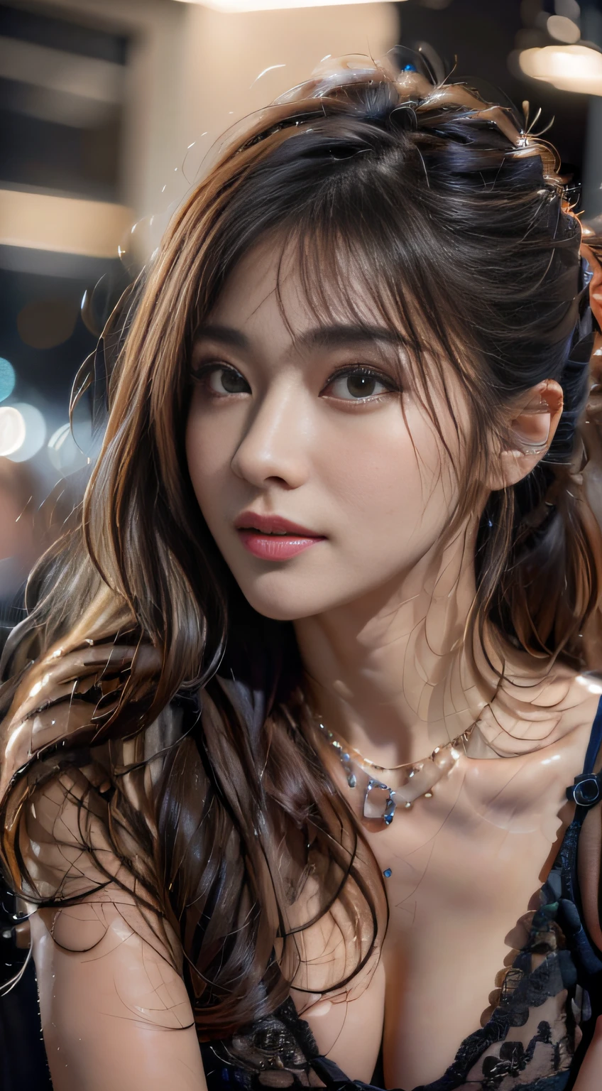 Masterpiece, Best quality, Photorealistic, Ultra-detailed, finedetail, high resolution, 8K wallpaper, 1 beautiful woman, Wear casual business attire, In excellent restaurant, At night, Light brown messy hair, Perfect dynamic composition, Beautiful detailed eyes