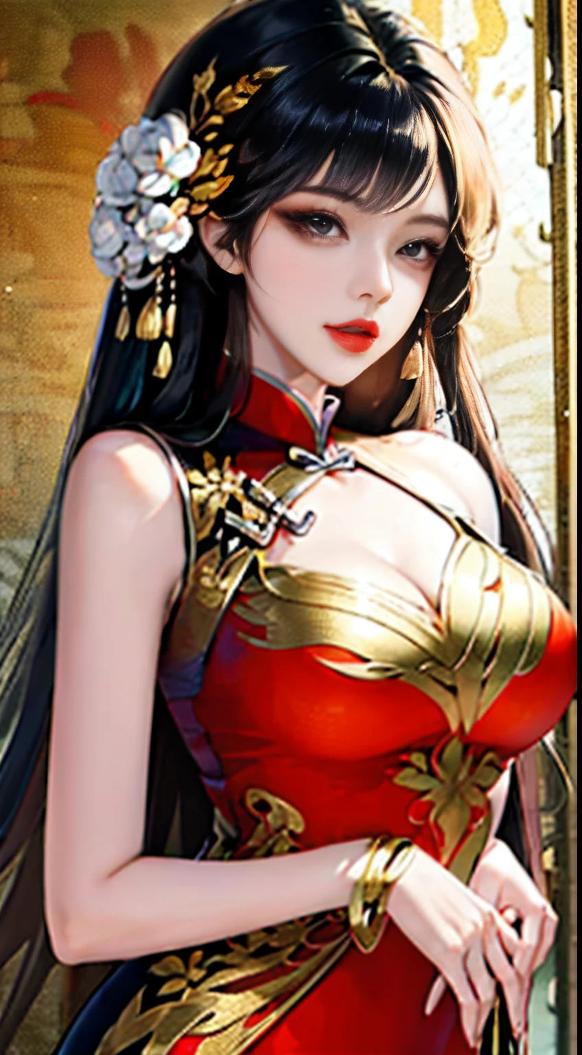 1girll,Upper body,fashi-girl,china dress,Chinese clothes,hair flower,(Masterpiece:1.4),(Best quality:1.4),(Shiny skin),Red lips,view the viewer,Large breasts,parted lip