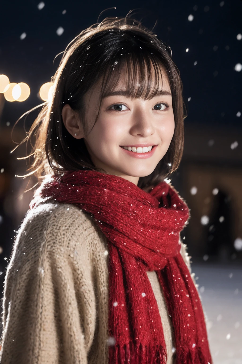 ((Show face only、Close-up of face))、(realisitic、Photorealsitic、ultra-detailliert、Highest Details Skins、top-quality、​masterpiece、超A high resolution)、Cute Japan Woman、sixteen years old、hi-school girl、younggirl、Thin makeup、1 girl in、I have bangs、二重まぶた、drooing eyes、Japanese style face、ssmile、View here、Realistic skin type、Thick gray muffler、fluffy hair、Hair is bulging with a scarf、Red cheeks、The wind is blowing、It's snowing、Christmas、nighttime scene、illuminations、Lighting from behind