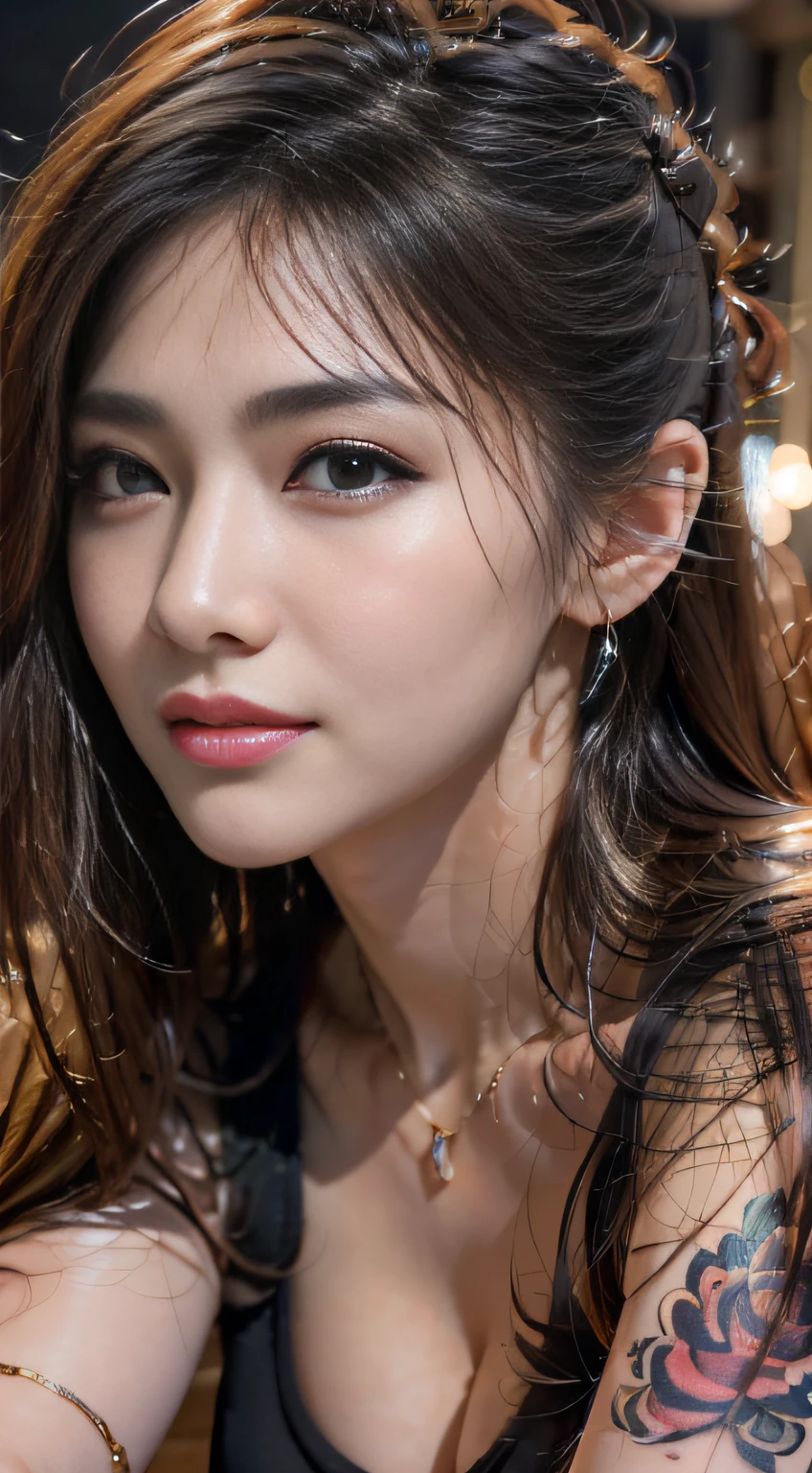 Masterpiece, Best quality, Photorealistic, Ultra-detailed, finedetail, high resolution, 8K wallpaper, 1 beautiful woman, Wear casual business attire, In excellent restaurant, At night, Light brown messy hair, Perfect dynamic composition, Beautiful detailed eyes